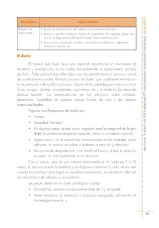Capítulo III: Principales problemas psicosociales y principales pautas para su atención
  Qué hacer                                          Cómo hacerlo

Elaborar los          • Apoyar la identificación del cadáver y la sepultura individual.
duelos (cont.)        • Apoyar y ayudar a elaborar rituales de aceptación. Por ejemplo, poner una
                        cruz en el lugar presumible de la muerte, hacer novenario, etc.
                      • Reiniciar las actividades sociales, como prácticas religiosas, deportivas,
                        recreación familiar, etc.


El duelo

         El manejo del duelo tiene una especial importancia en situaciones de
desastres y emergencias, en las cuales frecuentemente se experimentan grandes
pérdidas. Toda persona que sufre algún tipo de pérdida tiene un proceso natural
de cambios emocionales, llamado proceso de duelo, que usualmente termina con
la recuperación del equilibrio psíquico. Aparte de las pérdidas por sí mismas (fami-
liares, amigos, objetos, propiedades, costumbres, etc.), el duelo en los desastres
abarca también las consecuencias de las pérdidas como soledad,
desamparo, necesidad de adoptar nuevas formas de vida y de cambiar
responsabilidades.
         Algunas manifestaciones del duelo son:
         •       Tristeza
         •       Ansiedad (“nervios”)
         •       En algunos casos, puede existir negación ante la magnitud de la pér-
                 dida; la víctima no acepta la situación, como si no hubiera ocurrido.
         •       Agresividad o ira al advertir las consecuencias de las pérdidas; gene-
                 ralmente, se traduce en culpar o maltratar a otros sin justificación.
         •       Sensación de desprotección, con miedo al futuro y a que la situación
                 se repita, lo cual igualmente se va aliviando.
        Con el tiempo, que de una manera aproximada se ha fijado en 3 a 12
meses, la persona acepta la realidad y se dispone a continuar la vida, se van ate-
nuando los síntomas hasta lograr un equilibrio emocional y se establecen alternati-
vas adaptativas de solución a su condición.
         Se puede pensar en un duelo patológico cuando:
         •       los síntomas perduran excesivamente (más de 12 semanas);
         •       tienen tendencia a empeorar o provocan exagerado sufrimiento de
                 manera permanente, o


                                                                                                                                            51
 
