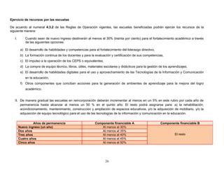 Ejercicio de recursos por las escuelas
De acuerdo al numeral 4.3.2 de las Reglas de Operación vigentes, las escuelas beneficiadas podrán ejercer los recursos de la
siguiente manera:
I. Cuando sean de nuevo ingreso destinarán al menos el 30% (treinta por ciento) para el fortalecimiento académico a través
de las siguientes opciones:
a) El desarrollo de habilidades y competencias para el fortalecimiento del liderazgo directivo,
b) La formación continua de los docentes y para la evaluación y certificación de sus competencias,
c) El impulso a la operación de los CEPS o equivalentes,
d) La compra de equipo técnico, libros, útiles, materiales escolares y didácticos para la gestión de los aprendizajes,
e) El desarrollo de habilidades digitales para el uso y aprovechamiento de las Tecnologías de la Información y Comunicación
en la educación,
f) Otros componentes que conciban acciones para la generación de ambientes de aprendizaje para la mejora del logro
académico.
II. De manera gradual las escuelas en reincorporación deberán incrementar al menos en un 5% en este rubro por cada año de
permanencia hasta alcanzar al menos un 50 % en el quinto año. El resto podrá asignarse para: a) la rehabilitación,
acondicionamiento, mantenimiento, construcción y ampliación de espacios educativos, y/o la adquisición de mobiliario, y/o la
adquisición de equipo tecnológico para el uso de las tecnologías de la información y comunicación en la educación.
26
Años de permanencia Componente financiable A Componente financiable B
Nuevo ingreso (un año) Al menos el 30%
El resto
Dos años Al menos el 35%
Tres años Al menos el 40%
Cuatro años Al menos el 45%
Cinco años Al menos el 50%
 