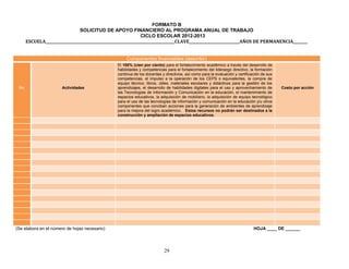 FORMATO B
SOLICITUD DE APOYO FINANCIERO AL PROGRAMA ANUAL DE TRABAJO
CICLO ESCOLAR 2012-2013
ESCUELA________________________________________________________________________CLAVE____________________________AÑOS DE PERMANENCIA________
Componentes financiables (describir)
No. Actividades
El 100% (cien por ciento) para el fortalecimiento académico a través del desarrollo de
habilidades y competencias para el fortalecimiento del liderazgo directivo, la formación
continua de los docentes y directivos, así como para la evaluación y certificación de sus
competencias, el impulso a la operación de los CEPS o equivalentes, la compra de
equipo técnico, libros, útiles, materiales escolares y didácticos para la gestión de los
aprendizajes, el desarrollo de habilidades digitales para el uso y aprovechamiento de
las Tecnologías de Información y Comunicación en la educación, el mantenimiento de
espacios educativos, la adquisición de mobiliario, la adquisición de equipo tecnológico
para el uso de las tecnologías de información y comunicación en la educación y/u otros
componentes que conciban acciones para la generación de ambientes de aprendizaje
para la mejora del logro académico. Estos recursos no podrán ser destinados a la
construcción y ampliación de espacios educativos.
Costo por acción
(Se elabora en el número de hojas necesario) HOJA ____ DE ______
29
 