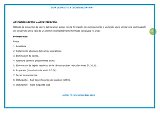 GUIA DE PRACTICA ODONTOPEDIATRIA I
AUTOR: CD.ESP.CASTILLO BLAZ SALLY
24
APICOFORMACION o APEXIFICACION
Método de inducción de cierre del foramen apical con la formación de osteocemento o un tejido duro similar o la continuación
del desarrollo de la raíz de un diente incompletamente formado con pulpa no vital.
Primera cita
Pasos
1. Anestesia
2. Aislamiento absoluto del campo operatorio.
3. Eliminación de caries.
4. Apertura cameral propiamente dicha.
5. Eliminación de tejido necrótico de la cámara pulpar radicular limas 35,30,25.
6. Irrigación (hipoclorito de sodio 0.5 %).
7. Secar los conductos.
8. Obturación - Sub base (torunda de algodón estéril).
9. Obturación – base Segunda Cita
 