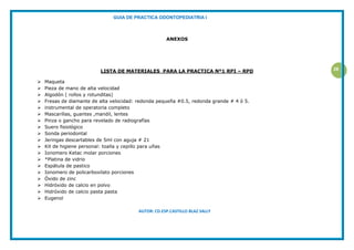 GUIA DE PRACTICA ODONTOPEDIATRIA I
AUTOR: CD.ESP.CASTILLO BLAZ SALLY
28
ANEXOS
LISTA DE MATERIALES PARA LA PRACTICA Nº1 RPI – RPD
 Maqueta
 Pieza de mano de alta velocidad
 Algodón ( rollos y rotunditas)
 Fresas de diamante de alta velocidad: redonda pequeña #0.5, redonda grande # 4 ó 5.
 instrumental de operatoria completo
 Mascarillas, guantes ,mandil, lentes
 Pinza o gancho para revelado de radiografías
 Suero fisiológico
 Sonda periodontal
 Jeringas descartables de 5ml con aguja # 21
 Kit de higiene personal: toalla y cepillo para uñas
 Ionomero Ketac molar porciones
 *Platina de vidrio
 Espátula de pastico
 Ionomero de policarboxilato porciones
 Óxido de zinc
 Hidróxido de calcio en polvo
 Hidróxido de calcio pasta pasta
 Eugenol
 