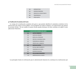 17
Guía Práctica del Presupuesto Público
500 INVERSION FISICA
600 INVERSION FINANCIERA
700 SERVICIO DE LA DEUDA PUBLICA
800 TRANSFERENCIAS
900 OTROS GASTOS
g) Clasificación Económica del Gasto
La ventaja de la clasificación económica del gasto es que permite identificar la naturaleza económica de las
transacciones que realiza el sector público, con el propósito de evaluar el impacto y las repercusiones que generan
las acciones fiscales. En este sentido, los gastos fiscales pueden efectuarse con fines corrientes, de capital o como
aplicaciones financieras.
CLASIFICACIÓN ECONÓMICA DEL GASTO
100 GASTOS CORRIENTES
120 GASTOS DE CONSUMO
130 RENTAS DE LA PROPIEDAD
140 PREST.DE LA SEGURIDAD SOCIAL
160 TRANFERENCIAS CORRIENTES
170 CRÉDITOS ADIC. CORRIENTES
200 GASTOS DE CAPITAL
210 INV. REAL DIRECTA-INDIRECTA
220 TRANFERENCIA DE CAPITAL
230 INVERSIÓN FINANCIERA
300 APLICACIONES FINANCIERAS
310 AMORTIZACION DE LA DEUDA
Las principales fuentes de información para la administración financiera las constituyen las clasificaciones por
 