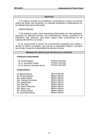 16
2013-2014 Asignaturas de Tercer Curso
OBJETIVOS
1º El objetivo principal de las prácticas y seminarios es conocer los tumores
sólidos del adulto más frecuentes y su abordaje terapétutico multidisciplinario en
las distintas fases de la enfermedad.
COMPETENCIAS:
1º Se enseñará a saber hacer diagnósticos diferenciales con otras patologías,
reconocer los diferentes tumores, sus manifestaciones clínicas, pronóstico y el
tratamiento más adecuado, para saber integrar estos conocimientos en los
cuidados del enfermo con cáncer.
2º Se proporcionará al alumno los conocimientos necesarios para valorar y
atender al enfermo oncológico, sea cual sea la espcialidad médica o quirúrgica
que se elija, incluyendo la especialidad de atención primaria.
MIEMBROS DEL SERVICIO QUE PARTICIPAN EN LA DOCENCIA
Profesores responsables:
- Dr. Emilio Esteban
- Dr. D. José María Vieitez
- Dr. D. Herminio González García
Colaboradores:
Dr. Manuel García
Dr. Enrique Estrada
Dra. Isabel Palacio
Dra. Yolanda Fernández
Dra. Isabel Muñiz
Dra. Pilar Bay
Dra. Noemí Villanueva
Dra. María Lupe
Dra. Paula Jiménez
Dr. José Pablo Berros
Profesor Asociado
Profesor Asociado
Profesor Asociado
Jefe de Sección
Médico Adjunto
Médico Adjunto
Médico Adjunto
Médico Adjunto
Médico Adjunto
Médico Adjunto
Médico Adjunto
Médico Adjunto
Médico Adjunto
 