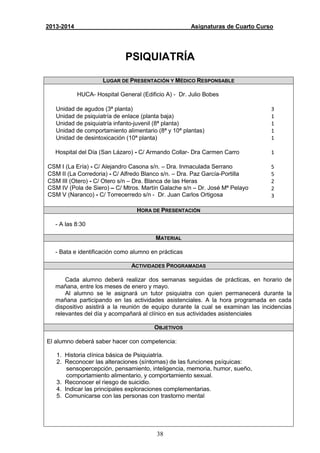 38
2013-2014 Asignaturas de Cuarto Curso
PSIQUIATRÍA
LUGAR DE PRESENTACIÓN Y MÉDICO RESPONSABLE
HUCA- Hospital General (Edificio A) - Dr. Julio Bobes
Unidad de agudos (3ª planta) 3
Unidad de psiquiatría de enlace (planta baja) 1
Unidad de psiquiatría infanto-juvenil (8ª planta) 1
Unidad de comportamiento alimentario (8ª y 10ª plantas) 1
Unidad de desintoxicación (10ª planta) 1
Hospital del Día (San Lázaro) - C/ Armando Collar- Dra Carmen Carro 1
CSM I (La Ería) - C/ Alejandro Casona s/n. – Dra. Inmaculada Serrano 5
CSM II (La Corredoria) - C/ Alfredo Blanco s/n. – Dra. Paz García-Portilla 5
CSM III (Otero) - C/ Otero s/n – Dra. Blanca de las Heras
CSM IV (Pola de Siero) – C/ Mtros. Martín Galache s/n – Dr. José Mª Pelayo
CSM V (Naranco) - C/ Torrecerredo s/n - Dr. Juan Carlos Ortigosa
2
2
3
HORA DE PRESENTACIÓN
- A las 8:30
MATERIAL
- Bata e identificación como alumno en prácticas
ACTIVIDADES PROGRAMADAS
Cada alumno deberá realizar dos semanas seguidas de prácticas, en horario de
mañana, entre los meses de enero y mayo.
Al alumno se le asignará un tutor psiquiatra con quien permanecerá durante la
mañana participando en las actividades asistenciales. A la hora programada en cada
dispositivo asistirá a la reunión de equipo durante la cual se examinan las incidencias
relevantes del día y acompañará al clínico en sus actividades asistenciales
OBJETIVOS
El alumno deberá saber hacer con competencia:
1. Historia clínica básica de Psiquiatría.
2. Reconocer las alteraciones (síntomas) de las funciones psíquicas:
sensopercepción, pensamiento, inteligencia, memoria, humor, sueño,
comportamiento alimentario, y comportamiento sexual.
3. Reconocer el riesgo de suicidio.
4. Indicar las principales exploraciones complementarias.
5. Comunicarse con las personas con trastorno mental
 