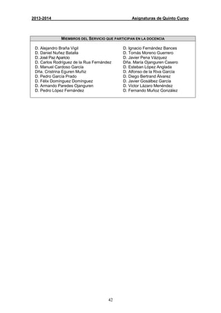 42
2013-2014 Asignaturas de Quinto Curso
MIEMBROS DEL SERVICIO QUE PARTICIPAN EN LA DOCENCIA
D. Alejandro Braña Vigil
D. Daniel Nuñez Batalla
D. José Paz Aparicio
D. Carlos Rodríguez de la Rua Fernández
D. Manuel Cardoso García
Dña. Cristrina Eguren Muñiz
D. Pedro García Prado
D. Félix Domínguez Domínguez
D. Armando Paredes Ojanguren
D. Pedro López Fernández
D. Ignacio Fernández Bances
D. Tomás Moreno Guerrero
D. Javier Pena Vázquez
Dña. María Ojanguren Casero
D. Esteban López Anglada
D. Alfonso de la Riva García
D. Diego Bertrand Álvarez
D. Javier Gosálbez García
D. Victor Lázaro Menéndez
D. Fernando Muñoz González
 