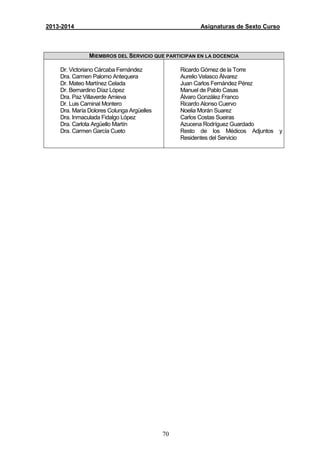 70
2013-2014 Asignaturas de Sexto Curso
MIEMBROS DEL SERVICIO QUE PARTICIPAN EN LA DOCENCIA
Dr. Victoriano Cárcaba Fernández
Dra. Carmen Palomo Antequera
Dr. Mateo Martínez Celada
Dr. Bernardino Díaz López
Dra. Paz Villaverde Amieva
Dr. Luis Caminal Montero
Dra. María Dolores Colunga Argüelles
Dra. Inmaculada Fidalgo López
Dra. Carlota Argüello Martín
Dra. Carmen García Cueto
Ricardo Gómez de la Torre
Aurelio Velasco Álvarez
Juan Carlos Fernández Pérez
Manuel de Pablo Casas
Álvaro González Franco
Ricardo Alonso Cuervo
Noelia Morán Suarez
Carlos Costas Sueiras
Azucena Rodríguez Guardado
Resto de los Médicos Adjuntos y
Residentes del Servicio
 