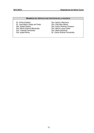78
2013-2014 Asignaturas de Sexto Curso
MIEMBROS DEL SERVICIO QUE PARTICIPAN EN LA DOCENCIA
Dr. Emilio Esteban
Dr. José María Vieitez de Prado
Dra. Isabel Palacio
Dra. María Dolores Menéndez
Dra. Yolanda Fernández
Dra. Isabel Muñiz
Dra. Noemi Villanueva
Dra. Pilar Blay Albors
Dra. Paula Jiménez Fonseca
Dra. María Luque Cabal
Dra. Marta Izquierdo
Dr. Carlos Álvarez Fernández
 