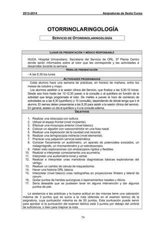 79
2013-2014 Asignaturas de Sexto Curso
OTORRINOLARINGOLOGÍA
SERVICIO DE OTORRINOLARINGOLOGÍA
LUGAR DE PRESENTACIÓN Y MÉDICO RESPONSABLE
HUCA. Hospital Universitario. Secretaría del Servicio de ORL. 6ª Planta Centro
donde serán informados sobre el tutor que les corresponde y las actividades a
desarrollar durante la semana
HORA DE PRESENTACIÓN
- A las 8,30 los lunes
ACTIVIDADES PROGRAMADAS
Cada alumno hace una semana de prácticas, en horario de mañana, entre los
meses de octubre y mayo.
Los alumnos asistirán a la sesión clínica del Servicio, que finaliza a las 9,30-10 horas.
Desde esa hora hasta las 12-12,30 pasan a la consulta o al quirófano en función de la
actividad que tenga programada el tutor. De martes a jueves la hora de comienzo de
actividades es a las 8,30 (quirófano) o 10 (consulta), dependiendo de dónde tenga que ir el
alumno. El viernes deben presentarse a las 8,30 para asistir a la sesión clínica del servicio.
En general, asisten un día al quirófano y 4 a la consulta externa.
OBJETIVOS
1. Realizar una otoscopia con soltura.
2. Utilizar el espejo frontal (nivel incipiente).
3. Efectuar una rinoscopia anterior (nivel básico).
4. Colocar un algodón con vasoconstrictor en una fosa nasal.
5. Realizar una exploración de la cavidad oral racional.
6. Realizar una laringoscopia indirecta (nivel elemental).
7. Practicar una palpación cervical sistemática.
8. Conocer físicamente un audiómetro, un aparato de potenciales evocados, un
nistagmógrafo, un rinomanómetro y un estroboscopio.
9. Haber visto exploraciones con endoscopios rígidos y flexibles.
10. Realizar e interpretar correctamente una acumetría.
11. Interpretar una audiometría tonal y verbal.
12. Realizar e interpretar unas maniobras diagnósticas básicas exploratorias del
vértigo.
13. Realizar un cambio de cánula de traqueotomía.
14. Hacer una historia ORL básica.
15. Interpretar (nivel básico) unas radiografías en proyecciones Waters y lateral de
cavum.
16. Quitar puntos de heridas quirúrgicas o taponamientos nasales u óticos.
17. Sería deseable que se pudiesen lavar en alguna intervención y dar algunos
puntos de piel.
La asistencia a las prácticas y la buena actitud en las mismas tiene una valoración
máxima de 3 puntos que se suma a la nota obtenida en el examen teórico de la
asignatura, cuya puntuación máxima es de 50 puntos. Esta puntuación puede servir
para aprobar si la puntuación del examen teórico está 3 puntos por debajo del umbral
de suficiencia, o bien para mejorar la nota.
 