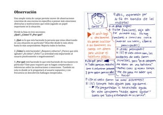 Observación	
  
	
  
Una	
  simple	
  visita	
  de	
  campo	
  permite	
  mover	
  de	
  observaciones	
  
concretas	
  de	
  una	
  escena	
  en	
  especifica	
  a	
  pensar	
  más	
  emociones	
  
abstractas	
  y	
  motivaciones	
  que	
  están	
  jugando	
  un	
  papel	
  
importante	
  en	
  la	
  situación.	
  
	
  
Divide	
  la	
  hoja	
  en	
  tres	
  secciones:	
  
¿Qué?,	
  ¿Cómo?	
  Y	
  ¿Por	
  qué?	
  
	
  
1	
  ¿Qué	
  es	
  lo	
  que	
  esta	
  haciendo	
  la	
  persona	
  que	
  estas	
  observando	
  
en	
  una	
  situación	
  en	
  particular?	
  Describe	
  desde	
  lo	
  más	
  obvio	
  
hasta	
  lo	
  más	
  sorprendente.	
  Reporta	
  todos	
  lo	
  hechos.	
  
	
  
2	
  ¿Cómo	
  lo	
  está	
  haciendo?	
  ¿Requiere	
  esfuerzo?	
  ¿Parece	
  que	
  está	
  
agitado?	
  ¿En	
  dolor?	
  ¿Feliz?.	
  La	
  actividad	
  está	
  impactando	
  al	
  
usuario	
  positivamente	
  o	
  negativamente?.	
  
	
  
3	
  ¿Por	
  qué	
  está	
  haciendo	
  lo	
  que	
  está	
  haciendo	
  de	
  esa	
  manera	
  en	
  
particular?	
  Este	
  paso	
  requiere	
  que	
  se	
  hagan	
  conjeturados	
  o	
  
inferencias	
  sobre	
  las	
  motivaciones	
  o	
  emociones.	
  	
  También	
  en	
  
esta	
  es	
  donde	
  se	
  le	
  preguntará	
  al	
  usuario	
  supuestos	
  y	
  con	
  
frecuencia	
  se	
  descubrirán	
  hallazgos	
  inesperados.	
  	
  
	
  
	
  
	
  
	
  
	
  
	
  
	
  
 