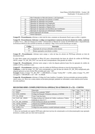 Guia Prático EFD-PIS/COFINS – Versão 1.00
                                                                                      Atualização: 31 de janeiro de 2011

                           Não-Tributadas no Mercado Interno, e de Exportação
                  70       Operação de Aquisição sem Direito a Crédito
                  71       Operação de Aquisição com Isenção
                  72       Operação de Aquisição com Suspensão
                  73       Operação de Aquisição a Alíquota Zero
                  73       Operação de Aquisição a Alíquota Zero
                  74       Operação de Aquisição sem Incidência da Contribuição
                  75       Operação de Aquisição por Substituição Tributária
                  98       Outras Operações de Entrada
                  99       Outras Operações
Campo 03 - Preenchimento: informar o valor total do item, constante no documento fiscal a que se refere o registro.
Campo 04 - Preenchimento: Informar o código correspondente à natureza da base de cálculo do crédito, conforme
a Tabela “4.3.7 – Base de Cálculo do Crédito” referenciada no Manual do Leiaute da EFD-PIS/Cofins e disponibilizada
no Portal do SPED no sítio da RFB na Internet, no endereço <http://www.receita.fazenda.gov.br/sped.
                       Código                                  Descrição
                         03      Aquisição de serviços utilizados como insumo
                         13      Outras operações com direito a crédito
Campo 05 - Preenchimento: informar neste campo o valor da base de cálculo do PIS/Pasep referente ao item do
documento fiscal.
O valor deste campo será recuperado no Bloco M, para a demonstração das bases de cálculo do crédito de PIS/Pasep
(M105, campo “VL_BC_PIS_TOT”) no caso de item correspondente a fato gerador de crédito.
Campo 06 - Preenchimento: informar neste campo o valor da alíquota aplicável para fins de apuração do crédito do
crédito (1,65%), conforme o caso.
Campo 07 – Preenchimento: informar o valor do crédito de PIS/Pasep referente ao item do documento fiscal.
Validação: o valor do campo “VL_PIS” deve corresponder ao valor da base de cálculo (VL_BC_PIS) multiplicado pela
alíquota aplicável ao item (ALIQ_PIS), dividido pelo valor “100”.
Exemplo: Sendo o Campo “VL_BC_PIS” = 1.000.000,00 e o Campo “ALIQ_PIS” = 1,6500 , então o Campo “VL_PIS”
será igual a: 1.000.000,00 x 1,65 / 100 = 16.500,00.
Campo 08 - Preenchimento: informar o Código da Conta Analítica. Exemplos: Serviços prestados por pessoa jurídica,
outros custos, etc. Deve ser a conta credora ou devedora principal, podendo ser informada a conta sintética (nível acima
da conta analítica).



REGISTRO D505: COMPLEMENTO DA OPERAÇÃO (CÓDIGOS 21 e 22) – COFINS
Nº   Campo                      Descrição                                                     Tipo Tam       Dec    Obrig
01   REG                        Texto fixo contendo "D505”                                     C   004*       -      S
02   CST_COFINS                 Código da Situação Tributária referente a COFINS               N   002*       -      S
03   VL_ITEM                    Valor Total dos Itens                                          N     -       02      S
04   NAT_BC_CRED                Código da Base de Cálculo do Crédito, conforme a Tabela        C   002*       -      N
                                indicada no item 4.3.7.
05 VL_BC_COFINS                 Valor da base de cálculo da COFINS                          N      -     02      N
06 ALIQ_COFINS                  Alíquota da COFINS (em percentual)                          N    008     04      N
07 VL_COFINS                    Valor da COFINS                                             N     -      02      N
08 COD_CTA                      Código da conta analítica contábil debitada/creditada       C    060      -      N
Observações:
1. Deve ser escriturado um registro D505 para cada item (serviço de comunicação ou de telecomunicação) cuja operação
dê direito a crédito, pelo seu valor total ou parcial;
 