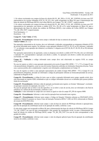 Guia Prático EFD-PIS/COFINS – Versão 1.00
                                                                                      Atualização: 31 de janeiro de 2011

1. Os valores escriturados nos campos de bases de cálculo 08 (VL_BC_PIS) e 12 (VL_BC_COFINS), de itens com CST
representativos de receitas tributadas (CST 01, 02, 03 e 05), serão recuperados no Bloco M, para a demonstração das
bases de cálculo do PIS/Pasep (M210) e da Cofins (M610), nos Campos “VL_BC_CONT”, respectivamente.
2. Os valores escriturados nos campos de bases de cálculo 08 (VL_BC_PIS) e 12 (VL_BC_COFINS), de itens com CST
representativos de operações com direito a crédito (CST 50 a 56; 60 a 67), serão recuperados no Bloco M, para a
demonstração das bases de cálculo dos créditos de PIS/Pasep (M105) e dos créditos de Cofins (M505) nos Campos
“VL_BC_PIS_TOT”, respectivamente.
Nível hierárquico - 3
Ocorrência – 1:N
Campo 01 - Valor Válido: [F100];
Campo 02 - Preenchimento: Informar neste campo o indicador do tipo ou natureza da operação.
Valores Válidos: [0, 1, 2]
Nas operações representativas de receitas, deve ser informado o indicador correspondente ao tratamento tributário (CST)
da receita informada neste registro. Se referente a uma operação tributável (CST 01, 02, 03 ou 05) informar o indicador
“1”; se referente a uma operação não tributável, ou tributável à alíquota zero (CST 04, 06, 07, 08, 09, 49 ou 99) informar
o indicador “2”.
Nas operações representativas de aquisições, custos ou despesas com direito a crédito (CST 50 a 66), deve ser informado
o indicador “0”, correspondente à operação com direito a crédito. As operações sem direito a crédito não precisam ser
escrituradas em F100.
Campo 03 - Validação: o código informado neste campo deve está relacionado no registro 0150, no campo
COD_PART.
No caso do registro se referir a uma operação representativa de receita (Campo IND_OPER = “1” e “2”) o Campo 03 não
é de preenchimento obrigatório, como no caso de receitas financeiras auferidas em instituições financeiras diversas. Neste
caso, a pessoa jurídica deve complementar o registro com informações complementares no Campo 19.
No caso do registro se referir a uma operação representativa de crédito (Campo IND_OPER = “0”) o Campo 03 é de
preenchimento obrigatório, devendo ser informado o código de participante referente ao fornecedor/prestador de serviço,
cadastrado no Registro 0150.
Campo 04 - Preenchimento: o código do item a que se refere a operação informado neste campo, quando existir, deve
está relacionado no registro 0200, ressaltando-se que os códigos informados devem ser os definidos pelo pessoa jurídica
titular da escrituração.
Campo 05 - Preenchimento: informar a data da operação escriturada neste registro, no formato “ddmmaaaa”, excluindo-
se quaisquer caracteres de separação, tais como: “.”, “/”, “-”.
No caso da operação não se referir a um dia específico, ou se referir a mais de um dia, deve ser informado o dia final de
referência ou o ultimo dia da escrituração, conforme o caso.
Validação: o valor informado no campo deve ser menor ou igual ao valor do campo DT_FIN do registro 0000.
Campo 06 – Preenchimento: Informar o valor total da operação/item escriturado neste registro.
Campo 07 - Preenchimento: Informar neste campo o Código de Situação Tributária referente ao PIS/PASEP (CST),
conforme a Tabela II constante no Anexo Único da Instrução Normativa RFB nº 1.009, de 2010, referenciada no Manual
do Leiaute da EFD-PIS/Cofins.
Campo 08 - Preenchimento: informar neste campo o valor da base de cálculo do PIS/Pasep referente à operação/item,
para fins de apuração da contribuição social ou de apuração do crédito, conforme o caso.
O valor deste campo será recuperado no Bloco M, para a demonstração das bases de cálculo do PIS/Pasep (M210, Campo
“VL_BC_CONT”) no caso de item correspondente a fato gerador da contribuição social, ou para a demonstração das
bases de cálculo do crédito de PIS/Pasep (M105, campo “VL_BC_PIS_TOT”) no caso de item correspondente a fato
gerador de crédito.
Campo 09 - Preenchimento: informar neste campo o valor da alíquota aplicável para fins de apuração da contribuição
social ou do crédito, conforme o caso.
 