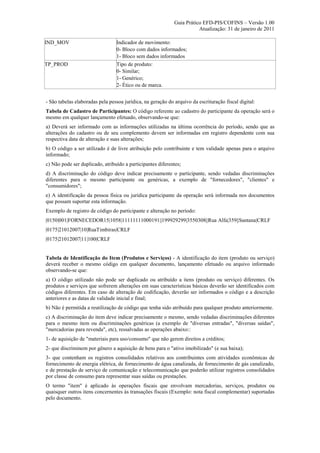 Guia Prático EFD-PIS/COFINS – Versão 1.00
                                                                        Atualização: 31 de janeiro de 2011

IND_MOV                          Indicador de movimento:
                                 0- Bloco com dados informados;
                                 1- Bloco sem dados informados
TP_PROD                          Tipo de produto:
                                 0- Similar;
                                 1- Genérico;
                                 2- Ético ou de marca.


- São tabelas elaboradas pela pessoa jurídica, na geração do arquivo da escrituração fiscal digital:
Tabela de Cadastro de Participantes: O código referente ao cadastro do participante da operação será o
mesmo em qualquer lançamento efetuado, observando-se que:
a) Deverá ser informado com as informações utilizadas na última ocorrência do período, sendo que as
alterações do cadastro ou de seu complemento devem ser informadas em registro dependente com sua
respectiva data de alteração e suas alterações;
b) O código a ser utilizado é de livre atribuição pelo contribuinte e tem validade apenas para o arquivo
informado;
c) Não pode ser duplicado, atribuído a participantes diferentes;
d) A discriminação do código deve indicar precisamente o participante, sendo vedadas discriminações
diferentes para o mesmo participante ou genéricas, a exemplo de "fornecedores", "clientes" e
"consumidores";
e) A identificação da pessoa física ou jurídica participante da operação será informada nos documentos
que possam suportar esta informação.
Exemplo de registro de código do participante e alteração no período:
|0150|001|FORNECEDOR15|1058|11111111000191||199929299|3550308||Rua Alfa|359||Santana|CRLF
|0175|21012007|10|RuaTimbiras|CRLF
|0175|21012007|11|100|CRLF


Tabela de Identificação do Item (Produtos e Serviços) - A identificação do item (produto ou serviço)
deverá receber o mesmo código em qualquer documento, lançamento efetuado ou arquivo informado
observando-se que:
a) O código utilizado não pode ser duplicado ou atribuído a itens (produto ou serviço) diferentes. Os
produtos e serviços que sofrerem alterações em suas características básicas deverão ser identificados com
códigos diferentes. Em caso de alteração de codificação, deverão ser informados o código e a descrição
anteriores e as datas de validade inicial e final;
b) Não é permitida a reutilização de código que tenha sido atribuído para qualquer produto anteriormente.
c) A discriminação do item deve indicar precisamente o mesmo, sendo vedadas discriminações diferentes
para o mesmo item ou discriminações genéricas (a exemplo de "diversas entradas", "diversas saídas",
"mercadorias para revenda", etc), ressalvadas as operações abaixo::
1- de aquisição de "materiais para uso/consumo" que não gerem direitos a créditos;
2- que discriminem por gênero a aquisição de bens para o "ativo imobilizado" (e sua baixa);
3- que contenham os registros consolidados relativos aos contribuintes com atividades econômicas de
fornecimento de energia elétrica, de fornecimento de água canalizada, de fornecimento de gás canalizado,
e de prestação de serviço de comunicação e telecomunicação que poderão utilizar registros consolidados
por classe de consumo para representar suas saídas ou prestações.
O termo "item" é aplicado às operações fiscais que envolvam mercadorias, serviços, produtos ou
quaisquer outros itens concernentes às transações fiscais (Exemplo: nota fiscal complementar) suportadas
pelo documento.
 