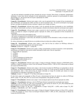 Guia Prático EFD-PIS/COFINS – Versão 1.00
                                                                                       Atualização: 31 de janeiro de 2011

- que não seja utilizado na produção de bens, prestação de serviços e locação. Desta forma, as máquinas, equipamentos,
instalações e outros bens móveis utilizados na área administrativa, comercial, gerencial, de processamento de dados,
almoxarifado, etc., não tem previsão em lei para a apropriação de crédito.
Valores válidos: [1,2,3,9]
Campo 06 - Preenchimento: informar neste campo o mês e ano de aquisição do bem ou grupo de bens incorporados ao
ativo imobilizado, com apuração de crédito com base no valor de aquisição valor. No caso da escrituração ser por grupo
de bens, com datas de aquisição diversas, escriturar o registro com o campo em branco.
Campo 07 - Preenchimento: informar neste campo o valor de aquisição dos bens incorporados ao ativo imobilizado,
cujo crédito for determinado com base no valor de aquisição, referente ao(s) bem(ns) objeto de escrituração neste registro.
Campo 08 - Preenchimento: informar neste campo a parcela do valor de aquisição a excluir da base de cálculo do
crédito, em função de vedação na legislação quanto à apuração de crédito, tais as aquisições de bens incorporados ao
imobilizado:
- adquiridos de pessoa física domiciliada no país;
- não sujeitos ao pagamento da contribuição social, quando de sua aquisição;
- de maquinas, equipamentos e outros bens, não utilizados na produção de bens destinados à venda, na locação a terceiros
ou na prestação de serviços.
Os valores informados no campo 08 devem ser excluídos da base de cálculo dos créditos (Campo 09).
Campo 09 - Preenchimento: informar neste campo o valor total da base de cálculo do PIS/Pasep referente à
operação/item, para fins de apuração do valor total do crédito.
Validação: [Campo 09 = Campo 07 – Campo 08]
Campo 10 - Preenchimento: informar neste campo o código correspondente ao número de parcelas a serem apropriadas,
mensalmente, em relação ao valor total do crédito informado (Crédito sobre Valor de Aquisição):
1 – Integral (Mês de Aquisição);
2 – 12 Meses;
3 – 24 Meses;
4 – 48 Meses;
5 – 6 Meses (Embalagens de bebidas frias)
9 – Outra periodicidade definida em Lei.
Valores Válidos: [1,2,3,4,5,9]
Campo 11 - Preenchimento: Informar neste campo o Código de Situação Tributária referente ao PIS/PASEP (CST),
conforme a Tabela II constante no Anexo Único da Instrução Normativa RFB nº 1.009, de 2010, referenciada no Manual
do Leiaute da EFD-PIS/Cofins.
Campo 12 - Preenchimento: informar neste campo o valor da base de cálculo do PIS/Pasep a ser apropriada no mês da
escrituração, em função da quantidade de meses informada no Campo 10. O valor da base de cálculo do crédito do mês
será determinado, sobre o valor total da base de cálculo informada no Campo 09, dividido pelo número de meses
correspondente aos indicadores informados no Campo 10.
Validação: [Campo 12 = Campo 09 / Nº de Meses informados no Campo 10]
O valor deste campo será recuperado no Bloco M, para a demonstração das bases de cálculo do crédito de PIS/Pasep
(M105, campo “VL_BC_PIS_TOT”) no caso de item correspondente a fato gerador de crédito.
Campo 13 - Preenchimento: informar neste campo o valor da alíquota aplicável para fins de apuração do crédito.
Campo 14 – Preenchimento: informar o valor do PIS/Pasep referente à operação/item escriturado neste registro.
Validação: o valor do campo “VL_PIS” deve corresponder ao valor da base de cálculo (VL_BC_PIS) multiplicado pela
alíquota aplicável ao item (ALIQ_PIS), dividido pelo valor “100”.
Exemplo: Sendo o Campo “VL_BC_PIS” = 1.000.000,00 e o Campo “ALIQ_PIS” = 1,6500 , então o Campo “VL_PIS”
será igual a: 1.000.000,00 x 1,65 / 100 = 16.500,00.
Campo 15 - Preenchimento: Informar neste campo o Código de Situação Tributária referente a Cofins (CST), conforme
a Tabela III constante no Anexo Único da Instrução Normativa RFB nº 1.009, de 2010, referenciada no Manual do
Leiaute da EFD-PIS/Cofins.
 