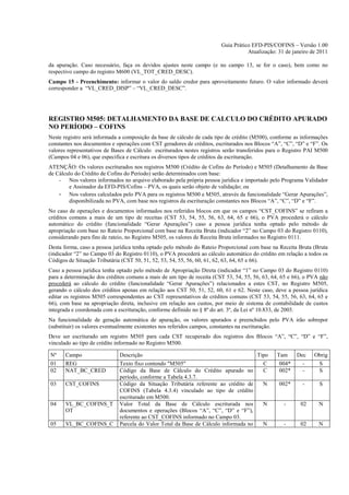 Guia Prático EFD-PIS/COFINS – Versão 1.00
                                                                                   Atualização: 31 de janeiro de 2011

da apuração. Caso necessário, faça os devidos ajustes neste campo (e no campo 13, se for o caso), bem como no
respectivo campo do registro M600 (VL_TOT_CRED_DESC).
Campo 15 - Preenchimento: informar o valor do saldo credor para aproveitamento futuro. O valor informado deverá
corresponder a “VL_CRED_DISP” – “VL_CRED_DESC”.




REGISTRO M505: DETALHAMENTO DA BASE DE CALCULO DO CRÉDITO APURADO
NO PERÍODO – COFINS
Neste registro será informada a composição da base de cálculo de cada tipo de crédito (M500), conforme as informações
constantes nos documentos e operações com CST geradores de créditos, escriturados nos Blocos “A”, “C”, “D” e “F”. Os
valores representativos de Bases de Cálculo escriturados nestes registros serão transferidos para o Registro PAI M500
(Campos 04 e 06), que especifica e escritura os diversos tipos de créditos da escrituração.
ATENÇÃO: Os valores escriturados nos registros M500 (Crédito de Cofins do Período) e M505 (Detalhamento da Base
de Cálculo do Crédito de Cofins do Período) serão determinados com base:
    - Nos valores informados no arquivo elaborado pela própria pessoa jurídica e importado pelo Programa Validador
        e Assinador da EFD-PIS/Cofins – PVA, os quais serão objeto de validação; ou
    - Nos valores calculados pelo PVA para os registros M500 e M505, através da funcionalidade “Gerar Apurações”,
        disponibilizada no PVA, com base nos registros da escrituração constantes nos Blocos “A”, “C”, “D” e “F”.
No caso de operações e documentos informados nos referidos blocos em que os campos “CST_COFINS” se refiram a
créditos comuns a mais de um tipo de receitas (CST 53, 54, 55, 56, 63, 64, 65 e 66), o PVA procederá o cálculo
automático do crédito (funcionalidade “Gerar Apurações”) caso a pessoa jurídica tenha optado pelo método de
apropriação com base no Rateio Proporcional com base na Receita Bruta (indicador “2” no Campo 03 do Registro 0110),
considerando para fins de rateio, no Registro M505, os valores de Receita Bruta informados no Registro 0111.
Desta forma, caso a pessoa jurídica tenha optado pelo método do Rateio Proporcional com base na Receita Bruta (Bruta
(indicador “2” no Campo 03 do Registro 0110), o PVA procederá ao cálculo automático do crédito em relação a todos os
Códigos de Situação Tributária (CST 50, 51, 52, 53, 54, 55, 56, 60, 61, 62, 63, 64, 65 e 66).
Caso a pessoa jurídica tenha optado pelo método de Apropriação Direta (indicador “1” no Campo 03 do Registro 0110)
para a determinação dos créditos comuns a mais de um tipo de receita (CST 53, 54, 55, 56, 63, 64, 65 e 66), o PVA não
procederá ao cálculo do crédito (funcionalidade “Gerar Apurações”) relacionados a estes CST, no Registro M505,
gerando o cálculo dos créditos apenas em relação aos CST 50, 51, 52, 60, 61 e 62. Neste caso, deve a pessoa jurídica
editar os registros M505 correspondentes ao CST representativos de créditos comuns (CST 53, 54, 55, 56, 63, 64, 65 e
66), com base na apropriação direta, inclusive em relação aos custos, por meio de sistema de contabilidade de custos
integrada e coordenada com a escrituração, conforme definido no § 8º do art. 3º, da Lei nº 10.833, de 2003.
Na funcionalidade de geração automática de apuração, os valores apurados e preenchidos pelo PVA irão sobrepor
(substituir) os valores eventualmente existentes nos referidos campos, constantes na escrituração.
Deve ser escriturado um registro M505 para cada CST recuperado dos registros dos Blocos “A”, “C”, “D” e “F”,
vinculado ao tipo de crédito informado no Registro M500.

Nº     Campo                 Descrição                                              Tipo       Tam      Dec    Obrig
01     REG                   Texto fixo contendo "M505"                               C         004*      -     S
02     NAT_BC_CRED           Código da Base de Cálculo do Crédito apurado no          C         002*      -     S
                             período, conforme a Tabela 4.3.7.
03     CST_COFINS            Código da Situação Tributária referente ao crédito de    N         002*      -      S
                             COFINS (Tabela 4.3.4) vinculado ao tipo de crédito
                             escriturado em M500.
04     VL_BC_COFINS_T        Valor Total da Base de Cálculo escriturada nos           N           -      02      N
       OT                    documentos e operações (Blocos “A”, “C”, “D” e “F”),
                             referente ao CST_COFINS informado no Campo 03.
05     VL_BC_COFINS_C        Parcela do Valor Total da Base de Cálculo informada no   N           -      02      N
 