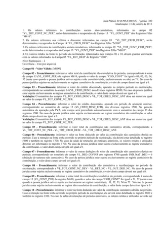 Guia Prático EFD-PIS/COFINS – Versão 1.00
                                                                                       Atualização: 31 de janeiro de 2011

1. Os valores referentes às contribuições sociais não-cumulativas, informados no campo 02
“VL_TOT_CONT_NC_PER”, serão determinados e recuperados do Campo 13 “VL_CONT_PER” dos Registros Filho
“M610”.
2. Os valores referentes aos créditos a descontar informados no campo 03 “VL_TOT_CRED_DESC”, serão
determinados e recuperados do Campo 14 “VL_CRED_DESC” dos Registros Filho “M500”.
3. Os valores referentes às contribuições sociais cumulativas, informados no campo 09 “VL_TOT_CONT_CUM_PER”,
serão determinados e recuperados do Campo 13 “VL_CONT_PER” dos Registros Filho “M610”.
4. Os valores retidos na fonte no período da escrituração, relacionados nos Campos 06 e 10, devem guardar correlação
com os valores informados no Campo 05 “VL_RET_DED” do Registro “1700”.
Nível hierárquico – 2
Ocorrência – Um (por arquivo)
Campo 01 - Valor Válido: [M600]
Campo 02 - Preenchimento: informar o valor total da contribuição não cumulativa do período, correspondendo à soma
do campo 13 (VL_CONT_PER) do registro M610, quando o valor do campo “COD_CONT” for igual a 01, 02, 03, 04,
32 (neste caso quando a pessoa jurídica estiver sujeita a não cumulatividade, exclusivamente ou não) ou 71. No caso da
pessoa jurídica sujeitar-se exclusivamente ao regime cumulativo da contribuição, o valor do campo deverá ser igual a 0.
Campo 03 - Preenchimento: informar o valor do crédito descontado, apurado no próprio período da escrituração,
correspondendo ao somatório do campo 14 (VL_CRED_DESC) dos diversos registros M500. No caso da pessoa jurídica
estar sujeita exclusivamente ao regime cumulativo da contribuição, o valor deste campo deverá ser igual a 0.
Validação: O somatório dos campos VL_TOT_CRED_DESC e VL_TOT_CRED_DESC_ANT deve ser menor ou igual
ao valor do campo VL_TOT_CONT_NC_PER.
Campo 04 - Preenchimento: informar o valor do crédito descontado, apurado em período de apuração anterior,
correspondendo ao somatório do campo 13 (VL_CRED_DESC_EFD), dos diversos registros 1500. Na geração
automática da apuração pela PVA, este campo será preenchido automaticamente com o somatório do campo 13 dos
registros 1500. No caso da pessoa jurídica estar sujeita exclusivamente ao regime cumulativo da contribuição, o valor
deste campo deverá ser igual a 0.
Validação: O somatório dos campos VL_TOT_CRED_DESC e VL_TOT_CRED_DESC_ANT deve ser menor ou igual
ao valor do campo VL_TOT_CONT_NC_PER.
Campo 05 - Preenchimento: informar o valor total da contribuição não cumulativa devida, correspondendo a
VL_TOT_CONT_NC_PER - VL_TOT_CRED_DESC - VL_TOT_CRED_DESC_ANT.
Campo 06 - Preenchimento: informar o valor na fonte deduzido do valor da contribuição não cumulativa devida no
período. Caso a retenção na fonte tenha ocorrido no próprio período da escrituração, ela deverá estar detalhada no registro
F600 e também no registro 1700. No caso de saldo de retenções de períodos anteriores, os valores retidos e utilizados
deverão ser informados no registro 1700. No caso da pessoa jurídica estar sujeita exclusivamente ao regime cumulativo
da contribuição, o valor deste campo deverá ser igual a 0.
Campo 07 - Preenchimento: informar o valor de outras deduções do valor da contribuição não cumulativa devida no
período, correspondendo ao somatório do campo VL_DED_COFINS dos registros F700 quando IND_NAT_DED = 0
(dedução de natureza não cumulativa). No caso da pessoa jurídica estar sujeita exclusivamente ao regime cumulativo da
contribuição, o valor deste campo deverá ser igual a 0.
Campo 08 - Preenchimento: informar o valor da contribuição não cumulativa a recolher/pagar no período da
escrituração, correspondendo a VL_TOT_CONT_NC_DEV - VL_RET_NC - VL_OUT_DED_NC. No caso da pessoa
jurídica estar sujeita exclusivamente ao regime cumulativo da contribuição, o valor deste campo deverá ser igual a 0.
Campo 09 - Preenchimento: informar o valor total da contribuição cumulativa do período, correspondendo à soma do
campo 13 (VL_CONT_PER) do registro M610, quando o valor do campo “COD_CONT” for igual a 31, 32 (neste caso
quando a pessoa jurídica estiver sujeita exclusivamente ao regime cumulativo), 51, 52, 53, 54 ou 72. No caso da pessoa
jurídica estar sujeita exclusivamente ao regime não cumulativo da contribuição, o valor deste campo deverá ser igual a 0.
Campo 10 - Preenchimento: informar o valor na fonte deduzido do valor da contribuição cumulativa devida no período.
Caso a retenção na fonte tenha ocorrido no próprio período da escrituração, ela deverá estar detalhada no registro F600 e
também no registro 1300. No caso de saldo de retenções de períodos anteriores, os valores retidos e utilizados deverão ser
 