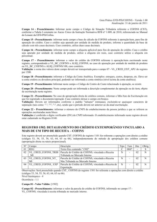 Guia Prático EFD-PIS/COFINS – Versão 1.00
                                                                                    Atualização: 31 de janeiro de 2011

Campo 14 - Preenchimento: Informar neste campo o Código de Situação Tributária referente a COFINS (CST),
conforme a Tabela I constante no Anexo Único da Instrução Normativa RFB nº 1.009, de 2010, referenciada no Manual
do Leiaute da EFD-PIS/Cofins.
Campo 15 - Preenchimento: informar neste campo a base de cálculo da COFINS referente à operação/item, para fins de
apuração do crédito. Caso o crédito seja apurado por unidade de medida de produto, informe a quantidade da base de
cálculo com três casas decimais. Caso contrário, utilize duas casas decimais.
Campo 16 - Preenchimento: informar neste campo a alíquota aplicável para fins de apuração do crédito. Caso o crédito
seja apurado por unidade de medida de produto, utilize a alíquota em reais, caso contrário utilize a alíquota em
percentual.
Campo 17 – Preenchimento: informar o valor do crédito da COFINS referente à operação/item escriturado neste
registro, correspondendo a VL_BC_COFINS x ALIQ_COFINS, no caso de apuração por unidade de medida de produto
ou VL_BC_COFINS x ALIQ_COFINS/100, caso contrário.
Validação: a soma dos valores deste campo deverá ser transportada para o campo 07 - VL_CRED_EXT_APU do registro
pai 1500.
Campo 18 - Preenchimento: informar o Código da Conta Analítica. Exemplos: estoques, custos, despesas, etc. Deve ser
a conta credora ou devedora principal, podendo ser informada a conta sintética (nível acima da conta analítica).
Campo 19 - Preenchimento: Informar neste campo o Código do Centro de Custo relacionado à operação, se existir.
Campo 20 - Preenchimento: Neste campo pode ser informada a descrição complementar da operação ou do item, objeto
de escrituração neste registro.
Campo 21 - Preenchimento: No caso de apropriação direta de créditos comuns, informar o Mês/Ano da Escrituração em
que foi registrado o documento/operação. Caso contrário deixar o campo em branco.
Validação: Devem ser informados conforme o padrão "mêsano" (mmaaaa), excluindo-se quaisquer caracteres de
separação (tais como: ".", "/", "-", etc), sendo que o período deverá ser anterior ao da atual escrituração.
Campo 22 - Preenchimento: informar o número do CNPJ do estabelecimento da pessoa jurídica a que se referem as
operações escrituradas neste bloco.
Validação: é conferido o dígito verificador (DV) do CNPJ informado. O estabelecimento informado neste registro deverá
estar cadastrado no Registro 0140.


REGISTRO 1502: DETALHAMENTO DO CRÉDITO EXTEMPORÂNEO VINCULADO A
MAIS DE UM TIPO DE RECEITA – COFINS
Este registro deverá ser preenchido quando CST_COFINS do registro 1101 for referente a operações com direito a crédito
(códigos 53, 54, 55, 56, 63, 64, 65 ou 66), independentemente do método de apropriação dos créditos comuns
(apropriação direta ou rateio proporcional).
 Nº   Campo                           Descrição                                            Tipo Tam Dec Obrig
 01   REG                             Texto fixo contendo "1502"                            C   004*      -      S
 02   VL_CRED_COFINS_TRIB             Parcela do Crédito de COFINS, vinculada a Receita     N     -      02      N
      _MI                             Tributada no Mercado Interno
  03  VL_CRED_COFINS_NT_              Parcela do Crédito de COFINS, vinculada a Receita     N     -      02      N
      MI                              Não Tributada no Mercado Interno
  04  VL_CRED_COFINS_ EXP             Parcela do Crédito de COFINS, vinculada a Receita de  N     -      02      N
                                      Exportação
Observações: Será preenchido quando CST_ COFINS do registro 1501 for referente a operações com direito a crédito
(códigos 53, 54, 55, 56, 63, 64, 65 ou 66).
Nível hierárquico - 4
Ocorrência - 1:1
Campo 01 - Valor Válido: [1502]
Campo 02 - Preenchimento: informar o valor da parcela do crédito de COFINS, informado no campo 17 -
VL_COFINS, vinculada à receita tributada no mercado interno.
 