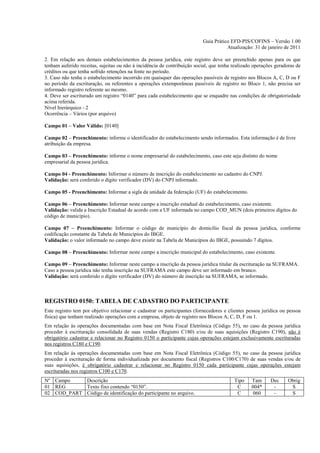 Guia Prático EFD-PIS/COFINS – Versão 1.00
                                                                                     Atualização: 31 de janeiro de 2011

2. Em relação aos demais estabelecimentos da pessoa jurídica, este registro deve ser preenchido apenas para os que
tenham auferido receitas, sujeitas ou não à incidência de contribuição social, que tenha realizado operações geradoras de
créditos ou que tenha sofrido retenções na fonte no período.
3. Caso não tenha o estabelecimento incorrido em quaisquer das operações passíveis de registro nos Blocos A, C, D ou F
no período da escrituração, ou referentes a operações extemporâneas passíveis de registro no Bloco 1, não precisa ser
informado registro referente ao mesmo.
4. Deve ser escriturado um registro “0140” para cada estabelecimento que se enquadre nas condições de obrigatoriedade
acima referida.
Nível hierárquico - 2
Ocorrência – Vários (por arquivo)

Campo 01 – Valor Válido: [0140]

Campo 02 – Preenchimento: informe o identificador do estabelecimento sendo informados. Esta informação é de livre
atribuição da empresa.

Campo 03 – Preenchimento: informe o nome empresarial do estabelecimento, caso este seja distinto do nome
empresarial da pessoa jurídica.

Campo 04 - Preenchimento: Informar o número de inscrição do estabelecimento no cadastro do CNPJ.
Validação: será conferido o dígito verificador (DV) do CNPJ informado.

Campo 05 - Preenchimento: Informar a sigla da unidade da federação (UF) do estabelecimento.

Campo 06 – Preenchimento: Informar neste campo a inscrição estadual do estabelecimento, caso existente.
Validação: valida a Inscrição Estadual de acordo com a UF informada no campo COD_MUN (dois primeiros dígitos do
código de município).

Campo 07 – Preenchimento: Informar o código de município do domicílio fiscal da pessoa jurídica, conforme
codificação constante da Tabela de Municípios do IBGE.
Validação: o valor informado no campo deve existir na Tabela de Municípios do IBGE, possuindo 7 dígitos.

Campo 08 – Preenchimento: Informar neste campo a inscrição municipal do estabelecimento, caso existente.

Campo 09 – Preenchimento: Informar neste campo a inscrição da pessoa jurídica titular da escrituração na SUFRAMA.
Caso a pessoa jurídica não tenha inscrição na SUFRAMA este campo deve ser informado em branco.
Validação: será conferido o dígito verificador (DV) do número de inscrição na SUFRAMA, se informado.



REGISTRO 0150: TABELA DE CADASTRO DO PARTICIPANTE
Este registro tem por objetivo relacionar e cadastrar os participantes (fornecedores e clientes pessoa jurídica ou pessoa
física) que tenham realizado operações com a empresa, objeto de registro nos Blocos A, C, D, F ou 1.
Em relação às operações documentadas com base em Nota Fiscal Eletrônica (Código 55), no caso da pessoa jurídica
proceder à escrituração consolidada de suas vendas (Registro C180) e/ou de suas aquisições (Registro C190), não é
obrigatório cadastrar e relacionar no Registro 0150 o participante cujas operações estejam exclusivamente escrituradas
nos registros C180 e C190.
Em relação às operações documentadas com base em Nota Fiscal Eletrônica (Código 55), no caso da pessoa jurídica
proceder à escrituração de forma individualizada por documento fiscal (Registros C100/C170) de suas vendas e/ou de
suas aquisições, é obrigatório cadastrar e relacionar no Registro 0150 cada participante cujas operações estejam
escrituradas nos registros C100 e C170.
Nº Campo    Descrição                                                                    Tipo    Tam      Dec      Obrig
01 REG      Texto fixo contendo “0150”.                                                   C      004*      -        S
02 COD_PART Código de identificação do participante no arquivo.                           C      060       -        S
 