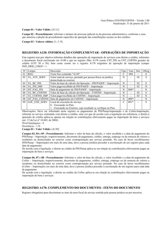 Guia Prático EFD-PIS/COFINS – Versão 1.00
                                                                                        Atualização: 31 de janeiro de 2011

Campo 01 - Valor Válido: [A111]
Campo 02 - Preenchimento: informar o número do processo judicial ou do processo administrativo, conforme o caso,
que autoriza a adoção de procedimento especifico de apuração das contribuições sociais ou dos créditos.
Campo 03 - Valores válidos: [1, 3, 9]



REGISTRO A120: INFORMAÇÃO COMPLEMENTAR - OPERAÇÕES DE IMPORTAÇÃO
Este registro tem por objetivo informar detalhes das operações de importação de serviços com direito a crédito, referentes
a documento fiscal escriturado em A100 e que no registro filho A170 conste CST_PIS ou CST_COFINS gerador de
crédito (CST 50 a 56), bem como conste ser o registro A170 originário de operação de importação (campo
IND_ORIG_CRED = 1.
Nº Campo                    Descrição                                                       Tipo Tam Dec Obrig
01 REG                      Texto fixo contendo "A120”                                        C    004      -       S
02 VL_TOT_SERV              Valor total do serviço, prestado por pessoa física ou jurídica    N      -     02       S
                            domiciliada no exterior.
 03 VL_BC_PIS               Valor da base de cálculo da Operação – PIS/PASEP – Importação N          -     02       S
 04 VL_PIS_IMP              Valor pago/recolhido de PIS/PASEP – Importação                    N      -     02       N
 05 DT_PAG_PIS              Data de pagamento do PIS/PASEP – Importação                       N 008*        -       N
 06 VL_BC_COFINS Valor da base de cálculo da Operação – COFINS – Importação                   N      -     02       S
 07 VL_COFINS_IMP Valor pago/recolhido de COFINS – Importação                                 N      -     02       N
 08 DT_PAG_COFINS Data de pagamento do COFINS – Importação                                    N 008*        -       N
 09 LOC_EXE_SERV Local da execução do serviço:                                                C 001*        -       S
                            0 – Executado no País;
                            1 – Executado no Exterior, cujo resultado se verifique no País.
Observações: Deve ser informado neste registro os pagamentos de PIS/Pasep-Importação e de Cofins-Importação,
referente ao serviço contratado com direito a crédito, uma vez que de acordo com a legislação em referência, o direito à
apuração de crédito aplica-se apenas em relação às contribuições efetivamente pagas na importação de bens e serviços
(art. 15 da Lei nº 10.865, de 2004).
Nível hierárquico - 4
Ocorrência – 1:N
Campo 01 - Valor Válido: [A120]
Campos 03, 04 e 05 - Preenchimento: Informar o valor da base de cálculo, o valor recolhido e a data de pagamento do
PIS/Pasep – Importação, respectivamente, decorrente do pagamento, crédito, entrega, emprego ou da remessa de valores a
residentes ou domiciliados no exterior como contraprestação por serviço prestado. No caso de haver recolhimentos
(PIS/Pasep – Importação) em mais de uma data, deve a pessoa jurídica proceder à escrituração de um registro para cada
data de pagamento.
De acordo com a legislação, o direito ao crédito de PIS/Pasep aplica-se em relação às contribuições efetivamente pagas na
importação de bens e serviços.

Campos 06, 07 e 08 - Preenchimento: Informar o valor da base de cálculo, o valor recolhido e a data de pagamento da
Cofins – Importação, respectivamente, decorrente do pagamento, crédito, entrega, emprego ou da remessa de valores a
residentes ou domiciliados no exterior como contraprestação por serviço prestado. No caso de haver recolhimentos
(Cofins – Importação) em mais de uma data, deve a pessoa jurídica proceder à escrituração de um registro para cada data
de pagamento.
De acordo com a legislação, o direito ao crédito de Cofins aplica-se em relação às contribuições efetivamente pagas na
importação de bens e serviços.



REGISTRO A170: COMPLEMENTO DO DOCUMENTO - ITENS DO DOCUMENTO
Registro obrigatório para discriminar os itens da nota fiscal de serviço emitida pela pessoa jurídica ou por terceiros.
 