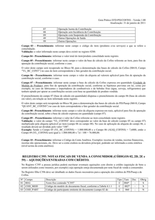Guia Prático EFD-PIS/COFINS – Versão 1.00
                                                                                     Atualização: 31 de janeiro de 2011

                     07              Operação Isenta da Contribuição
                     08              Operação sem Incidência da Contribuição
                     09              Operação com Suspensão da Contribuição
                     49              Outras Operações de Saída
                     99              Outras Operações
Campo 03 – Preenchimento: informar neste campo o código do item (produtos e/ou serviços) a que se refere a
consolidação.
Validação: o valor informado neste campo deve existir no registro 0200.
Campo 04 - Preenchimento: informar o valor total do item/produto consolidado neste registro.
Campo 05 - Preenchimento: informar neste campo o valor da base de cálculo da Cofins referente ao item, para fins de
apuração da contribuição social, conforme o caso.
O valor deste campo será recuperado no Bloco M, para a demonstração das bases de cálculo da Cofins (M610, Campo
“VL_BC_CONT”) no caso de item correspondente a fato gerador da contribuição social.
Campo 06 - Preenchimento: informar neste campo o valor da alíquota ad valorem aplicável para fins de apuração da
contribuição social, conforme o caso.
Campo 07 - Preenchimento: informar neste campo a base de cálculo da Cofins expressa em quantidade (Unidade de
Medida de Produto), para fins de apuração da contribuição social, conforme as hipóteses previstas em lei, como por
exemplo, no caso de fabricantes e importadores de combustíveis e de bebidas frias (água, cerveja, refrigerantes) que
tenham optado por apurar as contribuições sociais com base na quantidade de produto vendida.
O preenchimento do campo 07 (base de cálculo em quantidade) dispensa o preenchimento do campo 06 (base de cálculo
em valor), em relação ao item informado neste registro.
O valor deste campo será recuperado no Bloco M, para a demonstração das bases de cálculo do PIS/Pasep (M610, Campo
“QUANT_BC_COFINS”) no caso de item correspondente a fato gerador da contribuição social.
Campo 08 - Preenchimento: informar neste campo o valor da alíquota expressa em reais, aplicável para fins de apuração
da contribuição social, sobre a base de cálculo expressa em quantidade (campo 07).
Campo 09 – Preenchimento: informar o valor da Cofins referente ao item consolidado neste registro.
Validação: o valor do campo “VL_COFINS” deve corresponder ao valor da base de cálculo (campo 05 ou campo 07)
multiplicado pela alíquota aplicável ao item (campo 06 ou campo 08). No caso de aplicação da alíquota do campo 06, o
resultado deverá ser dividido pelo valor “100”.
Exemplo: Sendo o Campo 05 (VL_BC_COFINS) = 1.000.000,00 e o Campo 06 (ALIQ_COFINS) = 7,6000, então o
Campo 09 (VL_COFINS) será igual a: 1.000.000,00 x 7,6 / 100 = 76.000,00.

Campo 10 - Preenchimento: informar o Código da Conta Analítica. Exemplos: receitas de vendas, receitas financeiras,
receitas não operacionais, etc. Deve ser a conta credora ou devedora principal, podendo ser informada a conta sintética
(nível acima da conta analítica).



REGISTRO C395: NOTAS FISCAIS DE VENDA A CONSUMIDOR (CÓDIGOS 02, 2D, 2E e
59) – AQUISIÇÕES/ENTRADAS COM CRÉDITO.
No Registro C395 a pessoa jurídica poderá escriturar eventuais aquisições com direito a crédito (aquisição de bens a
serem utilizados como insumos, por exemplo) cuja operação esteja documentada por nota fiscal de venda a consumidor.
No Registro filho C396 deve ser detalhado os dados fiscais necessários para a apuração dos créditos de PIS/Pasep e de
Cofins.
Nº   Campo                Descrição                                                          Tipo Tam Dec          Obrig
01   REG                  Texto fixo contendo "C395"                                          C 004*    -           S
02   COD_MOD              Código do modelo do documento fiscal, conforme a Tabela 4.1.1       C   002*  -           S
03   COD_PART             Código do participante emitente do documento (campo 02 do           C    060  -           N
                          Registro 0150).
 