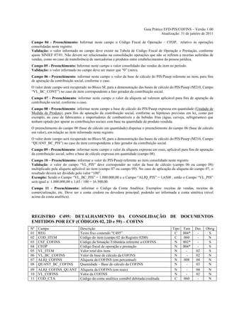 Guia Prático EFD-PIS/COFINS – Versão 1.00
                                                                                    Atualização: 31 de janeiro de 2011

Campo 04 - Preenchimento: Informar neste campo o Código Fiscal de Operação – CFOP, relativo às operações
consolidadas neste registro.
Validação: o valor informado no campo deve existir na Tabela de Código Fiscal de Operação e Prestação, conforme
ajuste SINIEF 07/01. Não devem ser relacionadas na consolidação operações que não se refiram a receitas auferidas de
vendas, como no caso de transferência de mercadorias e produtos entre estabelecimentos da pessoa jurídica.
Campo 05 - Preenchimento: Informar neste campo o valor consolidado das vendas do item no período.
Validação: o valor informado no campo deve ser maior que “0” (zero).
Campo 06 - Preenchimento: informar neste campo o valor da base de cálculo do PIS/Pasep referente ao item, para fins
de apuração da contribuição social, conforme o caso.
O valor deste campo será recuperado no Bloco M, para a demonstração das bases de cálculo do PIS/Pasep (M210, Campo
“VL_BC_CONT”) no caso de item correspondente a fato gerador da contribuição social.
Campo 07 - Preenchimento: informar neste campo o valor da alíquota ad valorem aplicável para fins de apuração da
contribuição social, conforme o caso.
Campo 08 - Preenchimento: informar neste campo a base de cálculo do PIS/Pasep expressa em quantidade (Unidade de
Medida de Produto), para fins de apuração da contribuição social, conforme as hipóteses previstas em lei, como por
exemplo, no caso de fabricantes e importadores de combustíveis e de bebidas frias (água, cerveja, refrigerantes) que
tenham optado por apurar as contribuições sociais com base na quantidade de produto vendida.
O preenchimento do campo 08 (base de cálculo em quantidade) dispensa o preenchimento do campo 06 (base de cálculo
em valor), em relação ao item informado neste registro.
O valor deste campo será recuperado no Bloco M, para a demonstração das bases de cálculo do PIS/Pasep (M210, Campo
“QUANT_BC_PIS”) no caso de item correspondente a fato gerador da contribuição social.
Campo 09 - Preenchimento: informar neste campo o valor da alíquota expressa em reais, aplicável para fins de apuração
da contribuição social, sobre a base de cálculo expressa em quantidade (campo 08).
Campo 10 – Preenchimento: informar o valor do PIS/Pasep referente ao item consolidado neste registro.
Validação: o valor do campo “VL_PIS” deve corresponder ao valor da base de cálculo (campo 06 ou campo 08)
multiplicado pela alíquota aplicável ao item (campo 07 ou campo 09). No caso de aplicação da alíquota do campo 07, o
resultado deverá ser dividido pelo valor “100”.
Exemplo: Sendo o Campo “VL_BC_PIS” = 1.000.000,00 e o Campo “ALIQ_PIS” = 1,6500 , então o Campo “VL_PIS”
será igual a: 1.000.000,00 x 1,65 / 100 = 16.500,00.
Campo 11 - Preenchimento: informar o Código da Conta Analítica. Exemplos: receitas de vendas, receitas de
comercialização, etc. Deve ser a conta credora ou devedora principal, podendo ser informada a conta sintética (nível
acima da conta analítica).




REGISTRO C495: DETALHAMENTO DA CONSOLIDAÇÃO DE DOCUMENTOS
EMITIDOS POR ECF (CÓDIGOS 02, 2D e 59) – COFINS
Nº   Campo                     Descrição                                                   Tipo Tam       Dec    Obrig
01   REG                       Texto fixo contendo "C495”                                   C   004*       -      S
02   COD_ITEM                  Código do item (campo 02 do Registro 0200)                   C   060        -      N
03   CST_COFINS                Código da Situação Tributária referente a COFINS.            N   002*       -      S
04   CFOP                      Código fiscal de operação e prestação                        N   004*       -      S
05   VL_ITEM                   Valor total dos itens                                        N     -       02      S
06   VL_BC_COFINS              Valor da base de cálculo da COFINS                           N     -       02      N
07   ALIQ_COFINS               Alíquota da COFINS (em percentual)                           N   008       04      N
08   QUANT_BC_COFINS           Quantidade – Base de cálculo da COFINS                       N     -       03      N
09   ALIQ_COFINS_QUANT         Alíquota da COFINS (em reais)                                N     -       04      N
10   VL_COFINS                 Valor da COFINS                                              N     -       02      N
11   COD_CTA                   Código da conta analítica contábil debitada/creditada        C   060        -      N
 