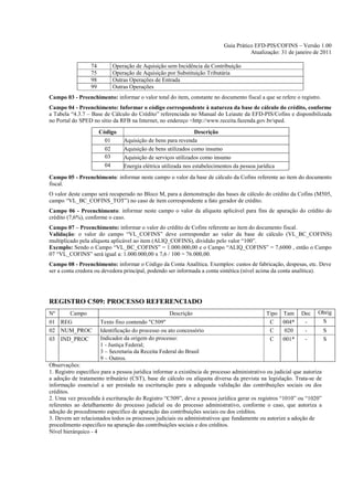 Guia Prático EFD-PIS/COFINS – Versão 1.00
                                                                                       Atualização: 31 de janeiro de 2011

                  74        Operação de Aquisição sem Incidência da Contribuição
                  75        Operação de Aquisição por Substituição Tributária
                  98        Outras Operações de Entrada
                  99        Outras Operações
Campo 03 - Preenchimento: informar o valor total do item, constante no documento fiscal a que se refere o registro.
Campo 04 - Preenchimento: Informar o código correspondente à natureza da base de cálculo do crédito, conforme
a Tabela “4.3.7 – Base de Cálculo do Crédito” referenciada no Manual do Leiaute da EFD-PIS/Cofins e disponibilizada
no Portal do SPED no sítio da RFB na Internet, no endereço <http://www.receita.fazenda.gov.br/sped.
                       Código                                   Descrição
                         01     Aquisição de bens para revenda
                         02     Aquisição de bens utilizados como insumo
                         03     Aquisição de serviços utilizados como insumo
                         04     Energia elétrica utilizada nos estabelecimentos da pessoa jurídica
Campo 05 - Preenchimento: informar neste campo o valor da base de cálculo da Cofins referente ao item do documento
fiscal.
O valor deste campo será recuperado no Bloco M, para a demonstração das bases de cálculo do crédito da Cofins (M505,
campo “VL_BC_COFINS_TOT”) no caso de item correspondente a fato gerador de crédito.
Campo 06 - Preenchimento: informar neste campo o valor da alíquota aplicável para fins de apuração do crédito do
crédito (7,6%), conforme o caso.
Campo 07 – Preenchimento: informar o valor do crédito de Cofins referente ao item do documento fiscal.
Validação: o valor do campo “VL_COFINS” deve corresponder ao valor da base de cálculo (VL_BC_COFINS)
multiplicado pela alíquota aplicável ao item (ALIQ_COFINS), dividido pelo valor “100”.
Exemplo: Sendo o Campo “VL_BC_COFINS” = 1.000.000,00 e o Campo “ALIQ_COFINS” = 7,6000 , então o Campo
07 “VL_COFINS” será igual a: 1.000.000,00 x 7,6 / 100 = 76.000,00.
Campo 08 - Preenchimento: informar o Código da Conta Analítica. Exemplos: custos de fabricação, despesas, etc. Deve
ser a conta credora ou devedora principal, podendo ser informada a conta sintética (nível acima da conta analítica).




REGISTRO C509: PROCESSO REFERENCIADO
Nº    Campo                                         Descrição                                 Tipo Tam        Dec    Obrig
01 REG                 Texto fixo contendo "C509"                                              C   004*        -      S
02 NUM_PROC            Identificação do processo ou ato concessório                            C   020         -          S
03 IND_PROC            Indicador da origem do processo:                                        C   001*        -          S
                       1 - Justiça Federal;
                       3 – Secretaria da Receita Federal do Brasil
                       9 – Outros.
Observações:
1. Registro específico para a pessoa jurídica informar a existência de processo administrativo ou judicial que autoriza
a adoção de tratamento tributário (CST), base de cálculo ou alíquota diversa da prevista na legislação. Trata-se de
informação essencial a ser prestada na escrituração para a adequada validação das contribuições sociais ou dos
créditos.
2. Uma vez procedida à escrituração do Registro “C509”, deve a pessoa jurídica gerar os registros “1010” ou “1020”
referentes ao detalhamento do processo judicial ou do processo administrativo, conforme o caso, que autoriza a
adoção de procedimento especifico de apuração das contribuições sociais ou dos créditos.
3. Devem ser relacionados todos os processos judiciais ou administrativos que fundamente ou autorize a adoção de
procedimento especifico na apuração das contribuições sociais e dos créditos.
Nível hierárquico - 4
 