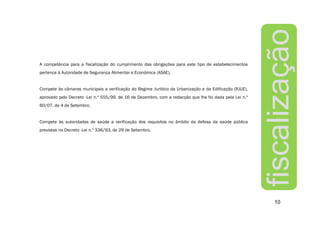 10
A competência para a fiscalização do cumprimento das obrigações para este tipo de estabelecimentos
pertence à Autoridade de Segurança Alimentar e Económica (ASAE),
Compete às câmaras municipais a verificação do Regime Jurídico da Urbanização e da Edificação (RJUE),
aprovado pelo Decreto -Lei n.º 555/99, de 16 de Dezembro, com a redacção que lhe foi dada pela Lei n.º
60/07, de 4 de Setembro.
Compete às autoridades de saúde a verificação dos requisitos no âmbito da defesa da saúde pública
previstas no Decreto -Lei n.º 336/93, de 29 de Setembro.
fiscalização
 