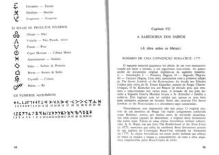 .t

..9t.

E

Extrahere -

Extrair

Distillare -

Destilar

EvaporaTe -

Evaporar

XI SINAIS DE PRODUTOS D1 VERSOS

o

00

Oleum -

A
V

Volatile -

(i)

Caput Morlum -

~

Ammoniatum -

t:>
d
~

Sal po -

Sulfato de Potassia

Borax _

Borato de SOdio

0*

Oleo

A SABEDORIA DOS SABIOS

Nao Parado, Alivo

Fixum -

Fixo

Crystalli Pu]vis -

(A obra sobre os Metais)
Cabe~a MorIa

Amonia

Crista is
P6

Xii NOM EROS ALOUIM ICOS

+LLJrlHT.l* ~V",. ~ -< >->< 'I' A.. *
1 2 3 -4 5 6 7 8 9 10 11 12 13 14 15 16 17 18 19 20 21 22 23 24
In: Y}"A 7 X'{ b: Z~),)"1!.7X~ 'b;%X~

1 23 -456789101112131-4151617181920 21222324

68

Capitulo VII

SUMAR IO DE UMA CONVEN<;:AO ROSA-CRUZ, 1777

o seguinte material alquimico foi obtido de urn raro manuscrito
vazado em latim e alemao, e em algarismos rosa-cruzes. As quatro
se~6es do documento original disp3em-se da seguinte maneira:
A - Introdu~ao; I - Primeiro Degrau; II - Segundo Degrau ;
III - Terceiro Degrau. Essa obra , juntamente com a primeira e~o
de Th e Secret Symbols of the Rosicrucians, foi levada aos Estados
Unidos pela viuva do Sr. Ernest Klatscher, natural de Praga, Checoslovaquia. 0 Sr. Klatscher era um Ma~on de elevado grau que estudara 0 rosa-cruzismo por varios anos. A invasao de seu pais durante a Segunda Guerra Mundial fOnrOll 0 Sr. Klatscher e familia a
exilar-se. Eles fugiram com tal rapidez que apenas os seus bens
mais estimados puderam ser levados. Entre eIes estavam The Secret
Symbols of the Rosicrucians e 0 documenlo aqui sumarizado.
Naturrumente, este manuscrilo nao tern pre~o . 0 original proveio de urn mosteiro de Praga (da regiao antigamente conhecida
como Boemia) , cenlro, por muitos anos, de atividade alquimica.
Ate onde somos capazes de determinar, 0 original deste documento
na~ existe mais. Talvez s6 e<;tas c6pias fotostaticas ten ham sobrevivido. A. E. Waite, em seu livro The Brotherhood of the Rosy Cross
(p. 457), menciona que sabia da existencia desse documento atraves
de urn registro da Con"e n~ao Rosa-Cruz realizada na Alemanha
em 1777. As c6pias fotostaticas em nossa poder incuem urn es~o
de todos os est udos e rituais e, especiaimente, de loda a obra alquimica empreendida pelos Rosa-Cruzes de entao.

69

 