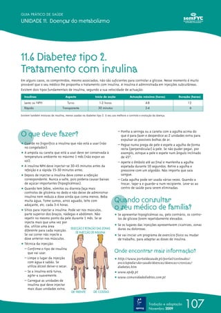 107
GUIA PRÁTICO DE SAÚDE
UNIDADE 11. Doenças do metabolismo
Tradução e adaptação
Novembro 2009
11.6 Diabetes tipo 2.
Tratamento com insulina
Em alguns casos, os comprimidos, mesmo associados, não são suficientes para controlar a glicose. Nesse momento é muito
provável que o seu médico lhe proponha o tratamento com insulina. A insulina é administrada em injecções subcutâneas.
Existem dois tipos fundamentais de insulina, segundo a sua velocidade de actuação:
Existem também misturas de insulina, menos usadas na diabetes tipo 2. O seu uso melhora o controlo e evolução da doença.
O que deve fazer?
ț Guarde no frigorífico a insulina que não está a usar (não
no congelador).
ț A ampola ou caneta que está a usar deve ser conservada à
temperatura ambiente no máximo 1 mês (não expor ao
sol).
ț A insulina NPH deve injectar-se 30-45 minutos antes da
refeição e a rápida 15-30 minutos antes.
ț Depois de injectar a insulina deve comer a refeição
correspondente. Nunca a salte, pois poderia causar baixas
de açúcar importantes (hipoglicémias).
ț Quando tem febre, vómitos ou diarreia faça mais
controlos de glicémia no dedo e não deixe de administrar
insulina nem reduza a dose ainda que coma menos. Beba
muita água. Tome sumos, arroz aguado, leite com
adoçante, etc. cada 3-4 horas.
ț Sítios para injectar a insulina: Pode ser nos músculos,
parte superior dos braços, nádegas e abdómen. Não
repetir no mesmo ponto da pele durante 1 mês. Se se
injecta mais que uma vez por
dia, utilize uma área
diferente para cada injecção.
Se vai correr não injecte a
dose anterior nos músculos.
ț Técnica da injecção:
– Confirme o tipo de insulina
que vai usar.
– Limpe o lugar da injecção
com água e sabão. Se
utiliza álcool deixe-o secar.
– Se a insulina está turva,
agite-a suavemente.
– Carregue as unidades de
insulina que deve injectar
mais duas unidades extra.
– Ponha a seringa ou a caneta com a agulha acima do
que é para fazer e desperdice as 2 unidades extra para
expulsar as possíveis bolhas de ar.
– Pegue numa prega de pele e espete a agulha de forma
recta (perpendicular) à pele. Se não puder pegar, por
exemplo, estique a pele e espete num ângulo inclinado
de 45ºº.
– Aperte o êmbolo até ao final e mantenha a agulha
espetada durante 10 segundos. Retire a agulha e
pressione com um algodão. Não importa que saia
sangue.
– Cada agulha pode ser usada várias vezes. Quando a
trocar, tape-a e guarde-a num recipiente. Leve-as ao
centro de saúde para serem eliminadas.
Quando consultar
o seu médico de família?
ț Se apresentar hipoglicémias ou, pelo contrário, os contro-
los de glicose forem repetidamente elevados.
ț Se os lugares das injecções apresentarem cicatrizes, zonas
duras ou dolorosas.
ț Se vai iniciar um programa de exercício físico ou mudar
de trabalho, para adaptar as doses de insulina.
Onde encontrar mais informação?
ț http://www.portaldasaude.pt/portal/conteudos/
enciclopedia+da+saude/doencas/doencas+cronicas/
diabetes.htm
ț www.apdp.pt
ț www.comunidadediabtes.com.pt
Insulinas Aspecto Início de acção Actuação máxima (horas) Duração (horas)
Lenta ou NPH Turvo 1-2 horas 4-8 12
Rápida Transparente 30 minutos 2-4 6
DE FRENTE DE COSTAS
SELECÇÃO E ROTAÇÃO DAS ZONAS
DE INJECÇÃO DE INSULINA
 