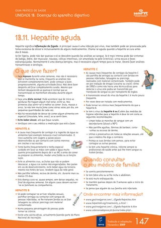 O que deve fazer?
ț Faça repouso durante umas semanas, mas não é necessário
que se mantenha na cama. Enquanto as análises não
estiverem completamente bem, pode começar a fazer,
progressivamente, alguma actividade física. Não deve fazer
desporto até ficar completamente curado. Mesmo que
tenham desaparecido as queixas é normal que as
transaminases se mantenham elevadas durante algum
tempo.
ț Faça uma dieta normal. Pode acontecer que de início as
gorduras lhe tragam algum mal-estar; evite-as. Nos
primeiros dias sentir-se-á melhor se comer fruta, massas e
arroz. Se não tem muita fome coma várias vezes por dia, em
pequenas quantidades de cada vez.
ț Não há necessidade de deixar de comer algum alimentos em
especial (chocolate, leite, ovos), se se sentir bem.
ț Evite beber álcool, até que fique curado.
ț Verifique com o seu médico a medicação que está a fazer.
HEPATITE A
ț A causa mais frequente de contágio é a ingestão de água ou
alimentos (por exemplo moluscos crus) contaminados. O
risco aumenta com viagens a países pouco
desenvolvidos ou por contacto com outros meninos
em creches e nas escolas.
ț Tome banho frequentemente e tenha especial
cuidado em lavar as mãos com sabão e água muito
quente principalmente depois de ir ao WC e antes de comer
ou preparar os alimentos, mudar uma fralda ou os lençóis
sujos.
ț Evite os alimentos crus, as frutas que não se podem
descascar, a água e os sumos não engarrafados. Nos países
em via de desenvolvimento, evite beber água da torneira
mesmo nos hotéis de luxo; recebem água da rede geral.
ț Não partilhe talheres, escova de dentes, etc. durante mais ou
menos 15 dias.
ț Esta doença cura-se, quase sempre, sem deixar sequelas, no
final de algumas semanas. Em alguns casos devem vacinar-
-se os familiares ou companheiros.
HEPATITE B
ț Só pode contagiar-se se tiver relações sexuais,
partilhar seringas ou contactar com sangue de
pessoas infectadas, se lhe tratarem feridas ou se fizer
tatuagens ou colocar piercings com material
contaminado.
ț Numa pequena percentagem de pessoas pode
tornar-se crónica.
ț Existe uma vacina eficaz, actualmente fazendo parte do Plano
Nacional de Vacinação.
HEPATITE C
ț As causas mais frequentes de contágio da hepatite C
são partilha de seringas ou contacto com feridas em
pessoas infectadas, tatuagens ou piercings
realizados com material contaminado. Também pode
ser por inalação de drogas (cocaína ou crack). Antes
de 1992 e como não havia uma técnica eficaz para
detectar o vírus este podia ser transmitido por
transfusão de sangue ou por transplante de órgãos.
ț A transmissão sexual do vírus da hepatite C é muito pouco
frequente.
ț Por vezes deve ser tratada com medicamentos.
ț Pode tornar-se crónica mais frequentemente do que a
hepatite B.
ț Se tem o vírus da hepatite B ou C além das medidas de
higiene referidas para a hepatite A deve ter em conta as
seguintes recomendações:
— Limpe todas as manchas de sangue com um
desinfectante (álcool a 90ºº).
— Não partilhe agulhas, lâminas de barbear, corta-
-unhas ou escovas de dentes.
— Utilize o preservativo em todas as relações sexuais, até
que o médico lhe diga o contrário.
— Proteja as suas feridas com pensos, para evitar
contagiar as outras pessoas.
— Se tem uma hepatite crónica, informe sempre os
profissionais de saúde antes que lhe tirem sangue ou
tratem feridas.
Quando consultar
o seu médico de família?
ț Se vomita persistentemente
ț Se tem febre alta ou se lhe incha o abdómen.
ț Se está muito enfraquecido.
ț Se mantém queixas depois de 3 semanas após o início do
tratamento.
ț Se pensa que alguém da sua família está infectado.
Onde encontrar mais informação?
ț www.gastroalgarve.com/.../figado/hepatites.htm
ț www.hepatiteb.org/treatment5_0.html -
ț www.gastroalgarve.com/.../figado/hepatite b.htm
ț www.soberaniadopovo.pt/ponta/index.php?...
147
GUIA PRÁTICO DE SAÚDE
UNIDADE 13. Doenças do aparelho digestivo
Tradução e adaptação
Novembro 2009
13.11. Hepatite aguda
Hepatite significa inflamação do fígado. A principal causa é uma infecção por vírus, mas também pode ser provocada pela
toma excessiva de álcool e inclusivamente de alguns medicamentos. Chama-se aguda quando a hepatite se cura antes
dos 6 meses.
Se for ligeira, pode não dar queixas e só se descobre quando faz análises ao sangue. Se é mais intensa pode dar sintomas
de fadiga, febre, dor muscular, náuseas, cólicas intestinais, cor amarelada na pele (icterícia), urina escura e fezes
esbranquiçadas. Normalmente é uma doença benigna, mas é necessário algum tempo para se tratar. Deverá fazer análises:
transaminases e serologia.
 