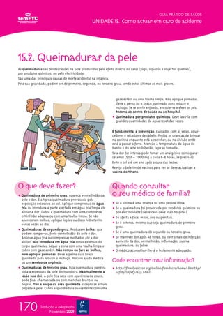 15.2. Queimaduras da pele
As queimaduras são feridas/lesões na pele produzidas pelo efeito directo do calor (fogo, líquidos e objectos quentes),
por produtos químicos, ou pela electricidade.
São uma das principais causas de morte acidental na infância.
Pela sua gravidade, podem ser de primeiro, segundo, ou terceiro grau, sendo estas últimas as mais graves.
O que deve fazer?
∑ț Queimadura de primeiro grau. Aparece vermelhidão da
pele e dor. É a típica queimadura provocada pela
exposição excessiva ao sol. Aplique compressas de água
fria ou introduza a parte afectada em água fria limpa até
aliviar a dor. Cubra a queimadura com uma compressa
estéril não adesiva ou com uma toalha limpa. Se não
aparecerem bolhas, aplique loções ou óleos hidratantes
várias vezes ao dia.
∑ț Queimaduras de segundo grau. Produzem bolhas que
podem romper-se, forte vermelhidão da pele e dor.
Aplique água fria ou compressas molhadas até a dor
aliviar. Não introduza em água fria zonas extensas do
corpo queimadas. Seque a zona com uma toalha limpa e
cubra com gaze estéril. Não rompa ou fure as bolhas,
nem aplique pomadas. Eleve a perna ou o braço
queimado para reduzir o inchaço. Procure ajuda médica
ou um serviço de urgência.
∑ț Queimaduras de terceiro grau. Esta queimadura penetra
toda a espessura da pele destruindo-a. Habitualmente a
lesão não dói. A pele fica seca com aparência de couro,
pode ficar chamuscada ou com manchas brancas ou
negras. Tire a roupa da área queimada excepto se estiver
pegada à pele. Cubra a queimadura suavemente com uma
gaze estéril ou uma toalha limpa. Não aplique pomadas.
Eleve a perna ou o braço queimado para reduzir o
inchaço. Se se sentir enjoado, encoste-se e eleve os pés.
Recorra ao centro de saúde ou ao hospital.
∑ț Queimadura por produtos químicos. Deve lavá-la com
grandes quantidades de água repetidas vezes.
É fundamental a prevenção. Cuidados com as velas, aque-
cedores e secadores de cabelo. Proíba as crianças de brincar
na cozinha enquanto está a cozinhar, ou na divisão onde
está a passar a ferro. Atenção à temperatura da água do
banho e do leite no biberão; tape as tomadas.
Se a dor for intensa pode tomar um analgésico como para-
cetamol (500 – 1000 mg a cada 6-8 horas, se precisar).
Evite o sol até um ano após a cura das lesões.
Reveja o boletim de vacinas para ver se deve actualizar a
vacina do tétano.
Quando consultar
o seu médico de família?
ț Se a vítima é uma criança ou uma pessoa idosa.
ț Se a queimadura foi provocada por produtos químicos ou
por electricidade (neste caso deve ir ao hospital).
ț Se afecta a face, mãos, pés ou genitais.
ț Se é extensa, mesmo que seja queimadura de primeiro
grau.
ț Se é uma queimadura de segundo ou terceiro grau.
ț Se mantiver dor após 48 horas, ou tiver sinais de infecção:
aumento da dor, vermelhidão, inflamação, pus na
queimadura, ou febre.
ț O médico aconselhar-lhe-á o tratamento adequado.
Onde encontrar mais informação?
ț http://familydoctor.org/online/famdoces/home/ healthy/
safety/safety/649.html?
GUIA PRÁTICO DE SAÚDE
UNIDADE 15. Como actuar em caso de acidente
170 Tradução e adaptação
Novembro 2009
 