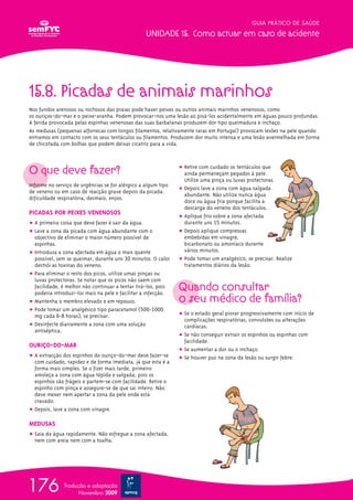 15.8. Picadas de animais marinhos
Nos fundos arenosos ou rochosos das praias pode haver peixes ou outros animais marinhos venenosos, como
os ouriços-do-mar e o peixe-aranha. Podem provocar-nos uma lesão ao pisá-los acidentalmente em águas pouco profundas.
A ferida provocada pelas espinhas venenosas das suas barbatanas produzem dor tipo queimadura e inchaço.
As medusas (pequenas alforrecas com longos filamentos, relativamente raras em Portugal) provocam lesões na pele quando
entramos em contacto com os seus tentáculos ou filamentos. Produzem dor muito intensa e uma lesão avermelhada em forma
de chicotada com bolhas que podem deixar cicatriz para a vida.
O que deve fazer?
Informe no serviço de urgências se for alérgico a algum tipo
de veneno ou em caso de reacção grave depois da picada:
dificuldade respiratória, desmaio, enjoo.
PICADAS POR PEIXES VENENOSOS
ț A primeira coisa que deve fazer é sair da água.
ț Lave a zona da picada com água abundante com o
objectivo de eliminar o maior número possível de
espinhas.
ț Introduza a zona afectada em água o mais quente
possível, sem se queimar, durante uns 30 minutos. O calor
destrói as toxinas do veneno.
ț Para eliminar o resto dos picos, utilize umas pinças ou
luvas protectoras. Se notar que os picos não saem com
facilidade, é melhor não continuar a tentar tirá-los, pois
poderia introduzi-los mais na pele e facilitar a infecção.
ț Mantenha o membro elevado e em repouso.
ț Pode tomar um analgésico tipo paracetamol (500-1000
mg cada 6-8 horas), se precisar.
ț Desinfecte diariamente a zona com uma solução
antiséptica.
OURIÇO-DO-MAR
ț A extracção dos espinhos do ouriço-do-mar deve fazer-se
com cuidado, rapidez e de forma imediata, já que esta é a
forma mais simples. Se o fizer mais tarde, primeiro
amoleça a zona com água tépida e salgada, pois os
espinhos são frágeis e partem-se com facilidade. Retire o
espinho com pinça e assegure-se de que sai inteiro. Não
deve mexer nem apertar a zona da pele onde está
cravado.
ț Depois, lave a zona com vinagre.
MEDUSAS
ț Saia da água rapidamente. Não esfregue a zona afectada,
nem com areia nem com a toalha.
ț Retire com cuidado os tentáculos que
ainda permaneçam pegados à pele.
Utilize uma pinça ou luvas protectoras.
ț Depois lave a zona com água salgada
abundante. Não utilize nunca água
doce ou água fria porque facilita a
descarga do veneno dos tentáculos.
ț Aplique frio sobre a zona afectada
durante uns 15 minutos.
ț Depois aplique compressas
embebidas em vinagre,
bicarbonato ou amoníaco durante
vários minutos.
ț Pode tomar um analgésico, se precisar. Realize
tratamentos diários da lesão.
Quando consultar
o seu médico de família?
ț Se o estado geral piorar progressivamente com início de
complicações respiratórias, convulsões ou alterações
cardíacas.
ț Se não conseguir extrair os espinhos ou espinhas com
facilidade.
ț Se aumentar a dor ou o inchaço.
ț Se houver pus na zona da lesão ou surgir febre.
GUIA PRÁTICO DE SAÚDE
UNIDADE 15. Como actuar em caso de acidente
176 Tradução e adaptação
Novembro 2009
 