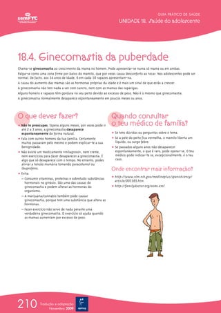 18.4. Ginecomastia da puberdade
Chama-se ginecomastia ao crescimento da mama no homem. Pode apresentar-se numa só mama ou em ambas.
Palpa-se como uma zona firme por baixo do mamilo, que por vezes causa desconforto ao tocar. Nos adolescentes pode ser
normal. De facto, aos 14 anos de idade, 6 em cada 10 rapazes apresentam-na.
A causa do aumento das mamas são as hormonas próprias da idade e é mais um sinal de que estás a crescer.
A ginecomastia não tem nada a ver com cancro, nem com as mamas das raparigas.
Alguns homens e rapazes têm gordura no seu peito devido ao excesso de peso. Não é o mesmo que ginecomastia.
A ginecomastia normalmente desaparece espontaneamente em poucos meses ou anos.
O que deves fazer?
ț Não te preocupes. Espera alguns meses, por vezes pode ir
até 2 a 3 anos; a ginecomastia desaparece
espontaneamente de forma natural.
ț Fala com outros homens da tua família. Certamente
muitos passaram pelo mesmo e podem explicar-te a sua
benignidade.
ț Não existe um medicamente «milagroso», nem creme,
nem exercícios para fazer desaparecer a ginecomastia. É
algo que só desaparece com o tempo. No entanto, podes
aliviar a tensão mamária tomando paracetamol ou
ibuprofeno.
ț Evita:
– Consumir vitaminas, proteínas e sobretudo substâncias
hormonais no ginásio. São uma das causas de
ginecomastia e podem alterar as hormonas do
organismo.
– A marijuana/cannabis também pode causar
ginecomastia, porque tem uma substância que altera as
hormonas.
– Fazer exercício não serve de nada perante uma
verdadeira ginecomastia. O exercício só ajuda quando
as mamas aumentam por excesso de peso.
Quando consultar
o teu médico de família?
ț Se tens dúvidas ou perguntas sobre o tema.
ț Se a pele do peito fica vermelha, o mamilo liberta um
líquido, ou surge febre.
ț Se passados alguns anos não desaparecer
espontaneamente, o que é raro, pode operar-se. O teu
médico pode indicar-te se, excepcionalmente, é o teu
caso.
Onde encontrar mais informação?
ț http://www.nlm.nih.gov/medlineplus/spanish/ency/
article/003165.htm
ț http://familydoctor.org/e080.xml
GUIA PRÁTICO DE SAÚDE
UNIDADE 18. Saúde do adolescente
210 Tradução e adaptação
Novembro 2009
 