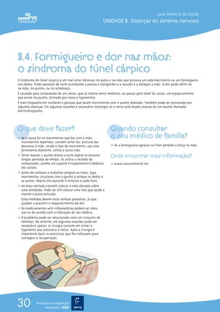 3.4. Formigueiro e dor nas mãos:
o sindroma do túnel cárpico
O Sindroma do túnel cárpico é um mal-estar doloroso no pulso e na mão que provoca um adormecimento ou um formigueiro
nos dedos. Pode aparecer de noite acordando a pessoa e obrigando-a a sacudir e a esfregar a mão. A dor pode sentir-se
na mão, no punho, ou no antebraço.
É causado pela compressão de um nervo, que se chama nervo mediano, ao passar pelo túnel do carpo: um espaço estreito
que existe no punho, formado por ossos e ligamentos.
É mais frequente em mulheres e pessoas que fazem movimentos com o punho dobrado. Também pode ser provocado por
algumas doenças. Em algumas ocasiões é necessário investigar se o nervo está lesado através de um exame chamado
electromiograma.
O que deve fazer?
ț Se a causa for os movimentos que faz com a mão,
movimentos repetidos, convém evitá-los: procure dar
descanso à mão, mude o tipo de movimento, use uma
ferramenta diferente, utilize a outra mão.
ț Tente manter o punho direito e evite dobrá-lo durante
longos períodos de tempo. Se utiliza o teclado do
computador, ponha um suporte («suplemento») debaixo
dos pulsos.
ț Antes de começar a trabalhar prepare as mãos: faça
movimentos circulares com o punho e estique os dedos e
os pulsos. Repita isto durante 5 minutos a cada hora.
ț Ao estar sentado convém colocar a mão elevada sobre
uma almofada. Pode ser útil colocar uma tala que ajude a
manter o pulso esticado.
ț Estas medidas devem estar sempre presentes, já que
ajudam a prevenir o reaparecimento da dor.
ț Os medicamentos anti-inflamatórios podem ser úteis,
use-os de acordo com a indicação do seu médico.
ț O problema pode ser solucionado com um conjunto de
medidas. No entanto, em algumas ocasiões pode ser
necessário operar. A cirurgia consiste em cortar o
ligamento que pressiona o nervo. Após a cirurgia é
importante fazer os exercícios que lhe indicarem para
conseguir a recuperação.
Quando consultar
o seu médico de família?
ț Se o formigueiro agravar ou tiver perdido a força na mão.
Onde encontrar mais informação?
ț www.manualmerck.net
GUIA PRÁTICO DE SAÚDE
UNIDADE 3. Doenças do sistema nervoso
30 Tradução e adaptação
Novembro 2009
 