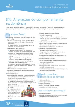 3.10. Alterações do comportamento
na demência
Cuidar de uma pessoa com demência é, com frequência, difícil para os cuidadores e famílias. Os problemas aumentam
quando o comportamento se torna estranho e pode causar vergonha e frustração. Toda a ajuda possível é necessária.
O que deve fazer?
ț Quando está desorientado, anda de cá para lá, não pára
quieto ou foge:
– Pode ser que se passe algo com ele, que tenha fome,
sede, medo, dor, etc. Trate de averiguá-lo e tente
solucioná-lo.
– Se está nervoso, fale-lhe com suavidade. Não lhe dê
calmantes sem indicação médica.
– Previna que se perca ou que fuja:
½ Vá passear diariamente com ele. Evite que saia
sozinho. Nas portas, use fechaduras difíceis de abrir.
½ Coloque-lhe uma pulseira ou medalhão com seu
nome, morada e telefone e que informe que está
doente.
½ Informe os vizinhos da sua doença. Tenha uma
fotografia recente para o caso dele se perder.
½ Mantenha as rotinas em casa e nas deslocações.
Guarde as suas coisas em sítios fixos.
– Oriente-o com calendários, relógios grandes, letreiros
nas portas e repita-lhe com frequência onde está e que
dia e hora são.
– Prepare o seu lar para evitar acidentes.
– Vigie-o de forma apertada. Não o deixe sozinho com
desconhecidos.
ț Custa-lhe comunicar:
– Fale-lhe de frente, ao seu nível e olhando-o nos olhos,
com gestos, frases breves e simples, sem ruídos de
fundo, como a televisão ou o rádio.
– Não discuta, nem dê ordens. Sugira com amabilidade.
Se recusa fazer algo necessário, como por exemplo,
comer, aproveite a sua falta de memória e repita-lhe um
pouco mais tarde.
– Evite falar de coisas de que não
se recorda.
ț Tem problemas em dormir:
– Faça com que siga uma
rotina, com um horário
fixo para levantar-se e
deitar-se.
– Procure que não durma
de dia.
– O quarto deve ser silencioso e cómodo.
– Antes de ir para a cama:
½ Façam actividades relaxantes: passeio, música, etc.
½ Dê-lhe um jantar ligeiro sem excitantes ou alimentos
açucarados.
ț Repete palavras e actos. Perde coisas.
– Não se irrite. Nunca tente racionalizar com ele. Procure
distraí-lo. Mude de actividade.
– Não o culpe. Guarde à chave as coisas de valor.
ț Tem reacções agressivas e violentas:
– A causa é a doença. Não é contra si.
– Não perca a calma. Nunca lhe grite nem o enfrente.
– Agarre-o de forma suave, se necessário.
– Tente averiguar o que poderá ter desencadeado a sua
reacção.
ț Parece triste e mostra-se inactivo:
– Dê-lhe responsabilidades com actividades agradáveis.
– Reconheça os seus esforços.
ț Alucinações e delírios:
– Não argumente, nem discuta com ele. Não se sinta
ofendido se o acusar de algo.
– Fale-lhe em tom suave e use as carícias e o abraço para
dar segurança e tranquilidade.
Quando consultar
o seu médico de família?
ț Problemas em dormir.
ț Conduta agressiva continuada.
ț Tristeza e apatia graves.
ț Delírios e alucinações repetidas ou graves.
ț Incapacidade para cuidar do doente.
Onde encontrar mais informação?
ț www.manualmerck.net
ț Associação Portuguesa de Familiares e Amigos Doentes de
Alzheimer: www.alzheimerportugal.org
GUIA PRÁTICO DE SAÚDE
UNIDADE 3. Doenças do sistema nervoso
36 Tradução e adaptação
Novembro 2009
 