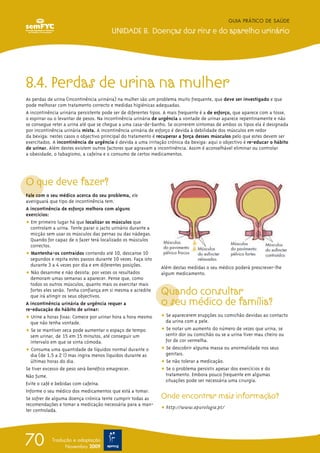 8.4. Perdas de urina na mulher
As perdas de urina (incontinência urinária) na mulher são um problema muito frequente, que deve ser investigado e que
pode melhorar com tratamento correcto e medidas higiénicas adequadas.
A incontinência urinária persistente pode ser de diferentes tipos. A mais frequente é a de esforço, que aparece com a tosse,
o espirrar ou o levantar de pesos. Na incontinência urinária de urgência a vontade de urinar aparece repentinamente e não
se consegue reter a urina até que se chegue a uma casa-de-banho. Se ocorrerem sintomas de ambos os tipos ela é designada
por incontinência urinária mista. A incontinência urinária de esforço é devida à debilidade dos músculos em redor
da bexiga: nestes casos o objectivo principal do tratamento é recuperar a força desses músculos pelo que estes devem ser
exercitados. A incontinência de urgência é devida a uma irritação crónica da bexiga: aqui o objectivo é re-educar o hábito
de urinar. Além destes existem outros factores que agravam a incontinência. Assim é aconselhável eliminar ou controlar
a obesidade, o tabagismo, a cafeína e o consumo de certos medicamentos.
O que deve fazer?
Fale com o seu médico acerca do seu problema, ele
averiguará que tipo de incontinência tem.
A incontinência de esforço melhora com alguns
exercícios:
ț Em primeiro lugar há que localizar os músculos que
controlam a urina. Tente parar o jacto urinário durante a
micção sem usar os músculos das pernas ou das nádegas.
Quando for capaz de o fazer terá localizado os músculos
correctos.
ț Mantenha-os contraídos contando até 10, descanse 10
segundos e repita estes passos durante 10 vezes. Faça isto
durante 3 a 4 vezes por dia e em diferentes posições.
ț Não desanime e não desista: por vezes os resultados
demoram umas semanas a aparecer. Pense que, como
todos os outros músculos, quanto mais os exercitar mais
fortes eles serão. Tenha confiança em si mesma e acredite
que irá atingir os seus objectivos.
A incontinência urinária de urgência requer a
re-educação do hábito de urinar:
ț Urine a horas fixas: Comece por urinar hora a hora mesmo
que não tenha vontade.
ț Se se mantiver seca pode aumentar o espaço de tempo
sem urinar, de 15 em 15 minutos, até conseguir um
intervalo em que se sinta cómoda.
ț Consuma uma quantidade de líquidos normal durante o
dia (de 1,5 a 2 l) mas ingira menos líquidos durante as
últimas horas do dia.
Se tiver excesso de peso será benéfico emagrecer.
Não fume.
Evite o café e bebidas com cafeína.
Informe o seu médico dos medicamentos que está a tomar.
Se sofrer de alguma doença crónica tente cumprir todas as
recomendações e tomar a medicação necessária para a man-
ter controlada.
Além destas medidas o seu médico poderá prescrever-lhe
algum medicamento.
Quando consultar
o seu médico de família?
ț Se aparecerem erupções ou comichão devidas ao contacto
da urina com a pele.
ț Se notar um aumento do número de vezes que urina, se
sentir dor ou comichão ou se a urina tiver mau cheiro ou
for de cor vermelha.
ț Se descobrir alguma massa ou anormalidade nos seus
genitais.
ț Se não tolerar a medicação.
ț Se o problema persistir apesar dos exercícios e do
tratamento. Embora pouco frequente em algumas
situações pode ser necessária uma cirurgia.
Onde encontrar mais informação?
ț http://www.apurologia.pt/
GUIA PRÁTICO DE SAÚDE
UNIDADE 8. Doenças dos rins e do aparelho urinário
70 Tradução e adaptação
Novembro 2009
 