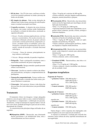 • RX de tórax - Em 25% dos casos, confirma a existên-                • Dose: 10 mg/kg até o máximo de 600 mg/dia.
       cia de foco primário pulmonar ou ainda a presença de               • Efeitos colaterais: urticária, hepatite medicamentosa,
       lesões em atividade.                                               dispepsia, anemia hemolítica e púrpura.

     • RX simples de abdome - Pode revelar alterações da               n Pirazinamida (PZA) - Bactericida, atua intracelular-
       silhueta renal, lesões ósseas, presença de calcificações          mente em bacilos fagocitados por macrófagos, de mul-
       renais e eventual associação com litíase.                         tiplicação intermediária.
     • Urografia excretora - A despeito das novas técnicas               • Dose: 15 a 30 mg/kg até 2.000 mg/dia.
       de imagem, este exame continua sendo fundamental                  • Apresenta hepatotoxicidade dose-dependente e os se-
       na avaliação e evolução da tuberculose, mostrando as              guintes efeitos colaterais: prurido, eritema, artralgia e
       seguintes alterações:                                             síndrome dispéptica.

       • Renais - Erosões mínimas papilocaliciais, em fase             n Isoniazida (INH) - Bactericida, atua intra e extracelu-
         precoce e assintomática. Em escala crescente, en-               larmente em bacilos de multiplicação rápida.
         contram-se dilatação calicial, de grupos caliciais              • Dose: 5 mg/kg até 400 mg/dia, devendo ser suple-
         ou de todo o sistema pielocalicial, amputações ca-              mentada com piridoxina, 60 mg/dia.
         liciais, cavidades únicas ou múltiplas, graves de-              • Efeitos colaterais: polineuropatia periférica, síndro-
         formações e retrações do parênquima com calcif i-               me dispéptica e hepatite medicamentosa.
         cações, retardo de excreção e exclusão funcional
         radiológica.                                                  n Estreptomicina (SM) - Bactericida, atua extracelular-
                                                                         mente, sendo disponível somente para administração
       • Ureterais - Áreas de estenose, principalmente no                intramuscular.
         terço inferior e retificação.                                   • Dose: 15 mg/kg até 1.000 mg/dia.
       • Vesicais - Bexiga contraída, de paredes irregulares.            • Efeitos colaterais: nefro e ototoxicidade.

     • Pielografia - Tanto a pielografia ascendente como a             • Etambutol (EMB) - Bacteriostático, atua intra e ex-
       translombar atualmente são pouco empregadas.                      tracelularmente.
                                                                         • Dose: 15 a 25 mg/kg até 1.200 mg/dia.
     • Uretrocistografia - Bexiga contraída e quando presente            • Efeitos colaterais: neurite retrobulbar com diminui-
       refluxo vesicoureteral.                                           ção da acuidade visual.
     • Ultra-som - Auxilia no controle evolutivo das dilata-
       ções pielocaliciais, cavitações e comprometimento do        Esquemas terapêuticos
       parênquima.

     • Tomografia computadorizada - Fornece melhor exa-            Esquema de 9 meses:
       tidão na localização e extensão das lesões renais, pro-         • primeiros 3 meses: INH 400 mg/dia +
       cessos fibróticos e cicatriciais.                                                    RMP 600 mg/dia +
                                                                                            PZA 2.000 mg/dia,
     • Cistoscopia - Sob anestesia, fornece visão direta das           seguidos por
       diversas fases da cistite tuberculosa com possibilidade         • 6 meses restantes: INH 400 mg/dia +
       de biópsia.                                                                          RMP 600 mg/dia.

                                                                   Esquema de 12 meses:
Tratamento                                                             • primeiros 2 meses: INH 400 mg/dia +
                                                                                            RMP 600 mg/dia +
      O tratamento clínico em dosagens e tempo adequados                                    PZA 2.000 mg/dia,
propicia a cura em quase todos os casos, sendo de fundamen-            seguidos por
tal importância a compreensão e colaboração do paciente.               • próximos 4 meses: INH 400 mg/dia +
Atualmente, o tempo de duração do esquema tríplice varia de                                 RMP 600 mg/dia,
seis a nove meses, podendo prolongar-se para um ano ou mais,           seguidos por
dependendo da evolução.                                                • 6 meses restantes: INH 400 mg/dia.
      As características das principais drogas utilizadas são as
seguintes:                                                              Outras drogas e outros esquemas são empregados com
                                                                   menor freqüência em casos especiais de resistência.
     n Rifampicina (RMP) - Bactericida, atua eliminando                 A resposta ao tratamento é avaliada pela remissão dos
       bacilos persistentes e de multiplicação lenta, intra e      sintomas e pelas culturas de urina, repetidas mensalmente até
       extracelularmente nos focos caseosos.                       sua negativação.


                                                                               GUIA PRÁTICO DE UROLOGIA                     127
 