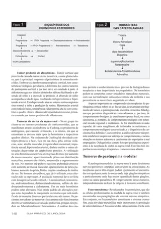 Figura   1                   BIOSSÍNTESE DOS                                      Figura   2          BIOSSÍNTESE
                           HORMÔNIOS ESTERÓIDES                                                     DAS CATECOLAMINAS

      Colesterol                                                                                           Tirosina
           ↓                                                                                                   ↓
    Pregnenolona → 17-OH Pregnolona → Deidroepiandrosterona → Androestenediol
           ↓
                                                                                                     tirosina hidroxilase
     Progesterona     → 17-OH Progesterona → Androstenediona → Testosterona                                 Dopa
           ↓                                                                                                   ↓
 Desoxicorticosterona → 11-Desoxicortisol                                                           dopa descarboxilase
           ↓
    Corticosterona →         Cortisol                                                                     Dopamina
           ↓                                                                                                   ↓
 18-OH Corticosterona                                                                              dopamina β-hidroxilase
                                                                                                        Noradrenalina
                                                                                                               ↓
                                                                                            feniletanolamina-N-metiltransferase
      Tumor produtor de aldosterona - Tumor cortical que
                                                                                                          Adrenalina
provém da camada mais externa do córtex, a zona glomerulo-
sa, que é a principal responsável pela síntese de mineralocorti-
cóides. Embora seja também uma neoplasia cortical, tem carac-
terísticas biológicas peculiares e diferentes dos outros tumores      mes permite o conhecimento mais preciso da biologia dessas
do parênquima cortical e por isso deve ser estudado à parte. A        neoplasias e tem importância no prognóstico. Os hormônios
aldosterona age nos túbulos distais dos néfrons facilitando a ab-     podem se comportar como verdadeiros marcadores tumorais,
sorção de sódio e a excreção de potássio. A absorção de sódio         com sua normalização indicando controle da moléstia e sua
acompanha-se da de água, resultando em hipervolemia e hiper-          persistência ou recorrência sugerindo atividade.
tensão arterial. Esta hipertensão atua no sistema renina-angioten-          Aspecto importante na compreensão das neoplasias do pa-
sina normal e inibe a produção de renina. Hipertensão arterial        rênquima cortical refere-se ao fato de que, ao examinar um frag-
com potássio baixo, renina baixa e aldosterona alta no soro cons-     mento do tumor, o patologista não encontra elementos fidedig-
titui o quadro clínico clássico do hiperaldosteronismo primá-         nos que permitam diagnosticar como adenoma, e, por isso, de
rio causado por tumor produtor de aldosterona.                        comportamento benigno, de crescimento apenas local, ou como
                                                                      carcinoma, e, portanto, de comportamento maligno com poten-
     Tumores do córtex da supra-renal - Neste grupo in-
                                                                      cial invasão regional e metástases. Se for identificada invasão
cluem-se os tumores produtores de corticosteróides, que se
                                                                      capsular, de vasos sangüíneos, de linfonodos ou metástases, o
manifestam através da síndrome de Cushing, os produtores de
                                                                      comportamento maligno é caracterizado, e o diagnóstico de car-
andrógenos, que causam virilização, e os mistos, em que se
                                                                      cinoma fica definido. Caso contrário, a análise do tumor não per-
encontram os dois ou mais tipos de hormônios e respectivos
                                                                      mite estabelecer ou precisar este tipo de comportamento, e nestas
quadros clínicos. Na síndrome de Cushing há obesidade cen-
                                                                      situações os termos adenoma e carcinoma são impróprios e mal
trípeta (troncos e face), face em lua cheia, giba, estrias violá-
                                                                      empregados. O diagnóstico correto feito por patologistas experi-
ceas, acne, atrofia muscular, irregularidade menstrual, impo-
                                                                      entes é de neoplasia do córtex da supra-renal. Este fato tem im-
tência sexual, hipertensão arterial, diabete melito e outras al-
                                                                      portância na estratégia terapêutica, como veremos adiante.
terações decorrentes do catabolismo protéico. A virilização
no sexo feminino caracteriza-se em graus diversos por aumento
da massa muscular, aparecimento de pêlos com distribuição             Tumores do parênquima medular
masculina, aumento do clitóris, amenorréia e engrossamento
da voz. No menino pré-púbere ocasiona puberdade precoce                    O parênquima medular da supra-renal é parte do sistema
com aumento de massa muscular, aparecimento de pêlos pu-              nervoso periférico simpático com origem na crista neural. As
bianos, aumento do pênis, libido, ereção e mudança do timbre          neoplasias que aí têm origem podem igualmente ser encontra-
da voz. No homem pós-púbere, que já é virilizado, estas alte-         das em qualquer parte do corpo onde haja gânglios simpáticos
rações não se expressam. A avaliação hormonal deve ser feita          e particularmente onde haja maior quantidade destes gânglios,
com dosagem sérica de cortisol, 11-deoxicortisol, testostero-         como na cadeia paraaórtica. O comportamento desses tumores,
na, androstenediona, deidroepiandrosterona, sulfato de dei-           independentemente do local de origem, é bastante semelhante.
droepiandrosterona e aldosterona. Um ou mais hormônios
podem estar alterados. Não existe padrão de alterações por-                Feocromocitoma - Resultam dos feocromócitos, que são
que estas dependem da maquinaria enzimática que está modi-            as células predominantes da medula da supra-renal e também
ficada de maneira diversa e particular em cada tumor. Os pa-          encontradas nos paragânglios do sistema nervoso simpático.
cientes portadores de tumores clinicamente não-funcionantes           Em conjunto, os feocromócitos constituem o sistema croma-
devem ser submetidos a avaliação endócrina, porque eles po-           fim, cuja atividade metabólica mais importante é a produção
dem ser laboratorialmente funcionantes. A análise dos exa-            de catecolaminas. A biossíntese das catecolaminas é feita com

148            GUIA PRÁTICO DE UROLOGIA
 