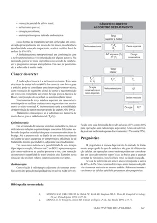 •   ressecção parcial da pélvis renal;                                         CÂNCER DO URETER
     •   nefrectomia parcial;                                                    ALGORITMO DETRATAMENTO
     •   cirurgia percutânea;
     •   ureteropieloscopia e retirada endoscópica.                                             Terço
                                                                                           superior e médio
     Essas formas de tratamento devem ser levadas em consi-
deração principalmente em casos de rim único, insuficiência                                       T 3-T4          Casos especiais
                                                                      Nefroureterectomia
renal ou idade avançada do paciente, sendo a recidiva local da                                     G3
ordem de 6%-10%.
     A linfadenectomia retroperitoneal em combinação com                                    RxT adjuvante (?)        Cirurgia
a nefroureterectomia é recomendada por alguns autores. Na                                        QT (?)            conservadora
realidade, parece ter mais importância no sentido de estabele-
cer o prognóstico do que a terapêutica. Em caso de positivida-
de, a sobrevida é muito curta.
                                                                                                 Terço
                                                                                                inferior
Câncer do ureter
                                                                           T a - T1
                                                                                                 T2-T 3                    T4
     A indicação clássica é a nefroureterectomia. Em casos                 G1-G2
de câncer de ureter inferior (60% dos casos) e com baixo grau
e estádio, pode-se considerar uma intervenção conservadora,               Cirurgia         Nefroureterectomia              QT
com ressecção do segmento distal do ureter e reconstituição           conservadora em
do trato com reimplante do ureter, bexiga psóica, técnica de           casos especiais
Boari, interposição de alça ileal ou autotransplante renal.                                                      Lesões residuais
     Nos tumores do terço médio e superior, em casos seleci-
onados pode-se realizar ureterectomia segmentar com anasto-
mose término-terminal. O inconveniente seria a possibilidade                                                    Cirurgia        RxT
de recorrência do tumor em outro ponto do ureter (30%-50%).
     Tratamento endoscópico só é admitido nos tumores de
muito baixo grau e estádio inicial (Ta-G1).

Quimioterapia
      Em se tratando de tumores uroteliais metastáticos, têm-se    ficada uma taxa diminuída de recidivas locais (11% contra 46%
utilizado em relação à quimioterapia conceitos diferentes so-      para operações sem radioterapia adjuvante). A taxa de sobrevi-
bretudo daqueles estabelecidos para o tratamento do câncer de      da pode ser melhorada apenas discretamente (17% contra 27%).
bexiga. Até o presente não se dispõe de um relato com número
suficiente de casos que possa ter comprovado a eficiência de tal   Prognóstico
tratamento mesmo que indutivo, adjuvante ou neoadjuvante.
      Em casos raros admite-se a possibilidade de uma terapia            O prognóstico é menos dependente do método de trata-
tópica (por exemplo, Mitomicina C ou BCG) após uma opera-          mento empregado do que do estádio e do grau de diferencia-
ção conservadora ou na qual se preserva o rim, com remoção         ção celular. As operações conservadoras podem ser considera-
de um tumor superficial do trato urinário alto. Também nesta       das em casos de tumores superficiais de baixo grau e quando
situação não existem relatos estatisticamente relevantes.          se tratar de rim único, insuficiência renal ou idade avançada.
                                                                         A taxa de sobrevida em cinco anos corresponde a cerca
Radioterapia                                                       de 40% a 65%. Não existem diferenças entre tumores de pél-
      Com relação à radioterapia adjuvante de tumores urote-       vis e tumores ureterais no mesmo estádio. Adenocarcinomas e
liais com alto grau de malignidade ou invasivos pode ser veri-     carcinomas de células epiteliais apresentam pior prognóstico.




Bibliografia recomendada


                           1.     MESSING EM, CATALONA W. In: Walsh PC, Retik AB, Vaughan ED Jr., Wein AJ. Campbell’s Urology.
                                     7th ed., Philadelphia, 1998; 2327-91.
                           2.     SROUGI M. In: Srougi M, Simon SD. Câncer urológico. 2a ed., São Paulo, 1996; 143-71.


                                                                                GUIA PRÁTICO DE UROLOGIA                          161
 