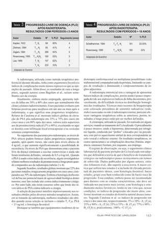 Tabela   3     PROGRESSÃO LIVRE DE DOENÇA (PLD)                      Tabela   4   PROGRESSÃO LIVRE DE DOENÇA (PLD)
                       APÓS RADIOTERAPIA.                                                 APÓS RADIOTERAPIA.
                RESULTADOS COM PERÍODOS < 5 ANOS                                   RESULTADOS COM PERÍODOS > 10 ANOS

 Autor                   Estádio     Nº    % PLD Seguimento (anos)     Autor                      Estádio        Nº        % PLD

 Kaplan, 1933             T 2 Nx     68     60%          4             Schellhammer, 1994        T1b-T2, Nx      181       20-35%
 Zietman, 1994            T1-2 Nx    85     41%          4
                                                                       Rosenzweig, 1995          T 1-2, Nx N0    165        33%
 Zagars, 1994             T1-2 Nx    269    64%          5
 Rosenzweig, 1995        T1-2 NxN0   165    63%          5             Adaptada de Scardino
 Lee, 1995                T 1 Nx     157    62%          5
                          T 2 Nx     233    53%          5
  Adaptada de Scardino



      A radioterapia, utilizada como método terapêutico pre-         dioterapia conformacional ou multiplanar possibilitam visão
ferencial durante décadas, tinha como argumentos favoráveis          tridimensional computadorizada da próstata, limitando os cam-
índices de complicações muito menos expressivos que as ope-          pos de irradiação e diminuindo o comprometimento de ór-
rações do passado. Além disso, os resultados de cura a longo         gãos adjacentes.
prazo, segundo autores como Bagshaw et al., seriam seme-                   A radioterapia intersticial tem a vantagem de apresentar
lhantes aos da cirurgia.                                             baixos índices de complicações, porém ainda é pouco empre-
      Atualmente, embora muito empregada, apresenta índi-            gada devido aos expressivos índices de falha decorrentes, pro-
ces de falha em 30% a 40% dos casos que normalmente têm              vavelmente, da dificuldade técnica na distribuição homogê-
clones celulares radiorresistentes. Esses pacientes evoluem com      nea das irradiações. Técnicas mais recentes de braquiterapia
biópsias positivas para neoplasia em um ano ou mais após a           com colocação percutânea de sementes radioativas (iodo,
radioterapia, o que significa mau prognóstico terapêutico.           irídio) associadas ou não à radioterapia externa, parecem ofe-
Relatos de Catalona et al. mostram índices globais de eleva-         recer vantagens terapêuticas sobre as anteriores, porém, re-
ção do PSA pós-radioterapia em 35% a 75% dos casos em                sultados a longo prazo estão por ser melhor definidos.
cinco anos e em 80% após dez anos, valores estes superiores                A crioterapia, utilizada no passado, foi reativada em alguns
aos da prostatectomia radical (5% a 40%), excetuando-se aqui         serviços, visando ao tratamento do Ca localizado. O procedimento
os doentes com infiltração local extracapsular e/ou vesículas        é pouco invasivo, sendo a hipotermia, determinada por nitrogê-
seminais comprometidas.                                              nio líquido, conduzida por “probes” colocados por via percutâ-
      No seguimento dos pacientes pós-radioterapia, os níveis de     nea, com prévio aquecimento uretral da área correspondente ao
PSA séricos podem fornecer dados prognósticos importantes            colo vesical e esfíncter externo. Os resultados terapêuticos, os
quando, após quatro meses, não caem para níveis abaixo de            custos operacionais e as complicações descritas (fístulas, impo-
4 ng/mL, o que aumenta significativamente a possibilidade de         tência, estenoses) limitam, por enquanto, seu emprego.
recorrência. Os níveis de PSA que demonstram estar o paciente              O regime de observação, ou seja, o seguimento clínico
livre da doença continuam a suscitar controvérsias e ainda não       laboratorial do paciente portador de Ca localizado tem adep-
foram totalmente definidos, variando de 0,5 a 4 ng/mL. Quando        tos que defendem a teoria de que o benefício do tratamento
o PSA é usado como índice de recorrência, alguns investigadores      cirúrgico ou radioterápico pouco acrescentaria em termos
relatam melhores resultados da prostatectomia a longo prazo quan-    de sobrevida. Dados publicados por alguns autores, entre
do comparados aos da radioterapia (tabelas 3 e 4).                   eles Johanson et al., dão suporte a essa teoria. A maior crí-
      Segundo Scardino, resultados globais mostram que 22% dos       tica que sofrem tais estudos é a inclusão de elevado percen-
pacientes tratados cirurgicamente progridem em cinco anos, com-      tual de pacientes idosos, com histologia favorável, baixo
parados aos 39% da radioterapia. Embora a histologia desfavorá-      estádio, grupo esse bem conhecido como de baixo risco de
vel defina um potencial maior de agressividade biológica destes      progressão. Essa conduta, embora possa ser recomendada
tumores, esse fato isolado não contra-indica tratamento cirúrgi-     para doentes com as citadas características, não deve ser
co. Por outro lado, não existe consenso sobre que limite dos ní-     indicada nos pacientes mais jovens, com histologia e esta-
veis séricos do PSA contra-indicaria a cirurgia.                     diamento menos favoráveis, tendo-se em vista que, nessas
      A seleção de pacientes interfere expressivamente nos re-       condições, os índices de progressão são muito altos, con-
sultados obtidos pelos diversos métodos terapêuticos. Assim,         forme mostram os estudos da história natural desses tumo-
em se tratando da radioterapia, melhores resultados são obti-        res. Segundo Catalona et al. os índices de progressão em
dos quando nessa seleção se incluem o estádio T 1-T2a, PSA           cinco e dez anos são, respectivamente, 5% e 10% - A1 (T1a);
< 15 ng/mL e histologia favorável.                                   35% e 80% - A2 (T 1b); 35% e 55% - B1 (T 2a); 77% e 90% -
      Destaque-se também que equipamentos modernos de ra-            B 2 (T2b) e, praticamente, 100% - C (T 3c).

                                                                                   GUIA PRÁTICO DE UROLOGIA                       165
 