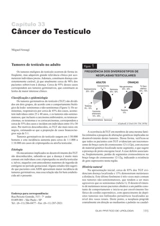 Capítulo 33
Câncer do Testículo

Miguel Srougi




Tumores de testículo no adulto                                  Figura   1
     Os tumores malignos do testículo ocorrem de forma in-       FREQÜÊNCIA DOS DIVERSOS TIPOS DE
freqüente, mas adquirem grande relevância clínica por aco-             NEOPLASIAS TESTICULARES
meterem indivíduos jovens. Ademais, constituem doença con-
sistentemente curável, já que atualmente cerca de 90% dos
pacientes sobrevivem à doença. Cerca de 95% desses casos
correspondem aos tumores germinativos, que constituem as
lesões de maior interesse clínico.

Classificação e epidemiologia
     Os tumores germinativos do testículo (TGT) são dividi-
dos em dois grupos, de acordo com o comportamento bioló-
gico da lesão: seminomas e não-seminomas (figura 1). Os se-
minomas, responsáveis por cerca de 45% dos casos, acome-
tem indivíduos entre 25 e 40 anos, e os tumores não-semino-
matosos, que incluem o carcinoma embrionário, os teratocar-
cinomas, os teratomas e os coriocarcinomas, correspondem a
cerca de 55% dos casos e incidem em indivíduos entre 18 e 30                                    (Cadwell, J. Urol 119: 754, 1978)
anos. Por motivos desconhecidos, os TGT são mais raros em
negros, estimando-se que a proporção de casos brancos/ne-
                                                                     A ocorrência de TGT em membros de uma mesma famí-
gros seja de 5:1.
                                                               lia estimulou a pesquisa de alterações genéticas implicadas no
     Tumores germinativos do testículo surgem em 1:50.000
                                                               desenvolvimento destes tumores. Dessa forma, verificou-se
homens e esta incidência aumenta para cerca de 1:1.000 a
                                                               que todos os pacientes com TGT evidenciam um isocromos-
1:10.000 em casos de criptorquidia ou atrofia testicular.
                                                               somo do braço curto do cromossomo 12-i (12p), com excesso
                                                               de material genético localizado neste segmento, o que sugere
Etiologia                                                      a presença de proto-oncogene local. A esse defeito associam-
      Os mecanismos implicados no desenvolvimento dos TGT      se, freqüentemente, perdas de segmentos cromossômicos no
são desconhecidos, sabendo-se que a doença é muito mais        braço longo do cromossomo 12-12q, indicando a existência
comum em indivíduos com criptorquidia ou atrofia testicular    de gens supressores nesta região.
e, talvez, naqueles com antecedentes maternos de ingestão de
estrógeno no período gestacional. Alguns estudos têm sugeri-   História natural
do que pacientes com AIDS apresentam maior incidência de            Na apresentação inicial, cerca de 85% dos TGT evi-
tumores germinativos, mas essa relação não foi bem estabele-   denciam doença localizada e 15% demonstram metástases
cida até o presente.                                           a distância. Este último fenômeno é três vezes mais comum
                                                               nos tumores não-seminomatosos, que tendem a ser mais
                                                               agressivos que os seminomas (tabela 1). O desenvolvimen-
                                                               to de metástases nesses pacientes obedece a um padrão cons-
                                                               tante de comportamento e inicia-se por envolvimento lin-
Endereço para correspondência:                                 fático do cordão espermático, com aparecimento de depó-
Rua Peixoto Gomide, 515 - 7o andar                             sitos tumorais nos linfonodos periaórticos localizados ao
01409-001 - São Paulo - SP                                     nível dos vasos renais. Deste ponto, a neoplasia progride
Tel.: (0--11) 286-0477 - Fax: (0--11) 287-2821                 cranialmente em direção ao mediastino e pulmão ou caudal-


                                                                             GUIA PRÁTICO DE UROLOGIA                       195
 