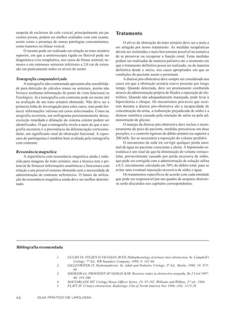 suspeita de esclerose do colo vesical, principalmente em pa-       Tratamento
cientes jovens, podem ser melhor avaliados com este exame,
assim como a presença de outras patologias concomitantes,                O alívio da obstrução do trato urinário deve ser a meta a
como tumores ou litíase vesical.                                   ser atingida por nosso tratamento. As medidas terapêuticas
     O mesmo pode ser realizado em relação ao trato urinário       devem ser instituídas o mais brevemente possível na tentativa
superior, em que a ureteroscopia rígida ou flexível pode ser       de se preservar ou recuperar a função renal. Estas medidas
diagnóstica e/ou terapêutica, nos casos de litíase ureteral, tu-   podem ser realizadas de maneira paliativa até o momento em
mores e em estenoses ureterais inferiores a 2,0 cm de exten-       que o tratamento definitivo possa ser realizado, ou de maneira
são em praticamente todos os níveis do ureter.                     definitiva desde o início, nos casos apropriados em que as
                                                                   condições do paciente assim o permitam.
Tomografia computadorizada                                               A diurese pós-obstrutiva deve sempre ser considerada nos
     A tomografia não-contrastada apresenta alta sensibilida-      casos em que a obstrução urinária esteve presente por longo
de para detecção de cálculos renais ou ureterais, porém não        tempo. Quando detectada, deve ser prontamente combatida
fornece nenhuma informação do ponto de vista funcional ou          através da administração própria de fluidos e reposição de ele-
fisiológico. Já a tomografia com contraste pode ser muito útil     trólitos. Quando não adequadamente manejada, pode levar à
na avaliação de um trato urinário obstruído. Não deve ser a        hipovolemia e choque. Os mecanismos prováveis que ocor-
primeira linha de investigação para estes casos, mas pode for-     rem durante a diurese pós-obstrutiva são a incapacidade de
necer informações valiosas em casos selecionados. Como na          concentração da urina, a reabsorção prejudicada de sódio e a
urografia excretora, um nefrograma persistentemente denso,         diurese osmótica causada pela retenção de uréia ou pela ad-
excreção retardada e dilatação do sistema coletor podem ser        ministração de glicose.
identif icados. O que a tomografia revela a mais do que a uro-           O manejo da diurese pós-obstrutiva deve incluir o moni-
grafia excretora é a persistência da diferenciação corticome-      toramento do peso do paciente, medidas pressóricas em duas
dular, um significante sinal de obstrução funcional. A espes-      posições, e o controle rigoroso do débito urinário (se superior a
sura do parênquima é também bem avaliada pela tomografia           200 ml/h, faz-se necessária a reposição do volume perdido).
com contraste.                                                           O mecanismo da sede irá corrigir qualquer perda anor-
                                                                   mal de água no paciente consciente e alerta. A hipotensão or-
Ressonância magnética                                              tostática é um sinal de que há diminuição do volume extrace-
     A experiência com ressonância magnética ainda é redu-         lular, provavelmente causado por perda excessiva de sódio,
zida para imagens do trato urinário, mas a técnica tem o po-       que pode ser corrigida com a administração de solução salina
tencial de fornecer informações anatômicas e funcionais com        a 0,5, inicialmente calculada em 50% do débito total, para se
relação a um possível sistema obstruído sem a necessidade de       evitar uma eventual reposição excessiva de sódio e água.
administração de contraste nefrotóxico. O futuro da utiliza-             Os tratamentos específicos de acordo com cada entidade
ção da ressonância magnética ainda deve ser melhor determi-        que pode ser responsável por um quadro de uropatia obstruti-
nado.                                                              va serão discutidos nos capítulos correspondentes.




Bibliografia recomendada

                           1.      GULMY FA, FELSEN D, VAUGHAN JR ED. Pathophysiology of urinary tract obstruction. In: Campbell’s
                                      Urology, 7 th Ed., WB Saunders Company, 1998; 9: 342-86.
                           2.      GILLENWATER JY. Hydronephrosis. In: Adult and Pediatric Urology, 3th Ed., Mosby, 1996; 19: 973-
                                      98.
                           3.      SHOKEIR AA, PROVOOST AP NIJMAN RJM. Resistive index in obstructive uropathy. Br J Urol 1997;
                                                                ,
                                      80: 195-200.
                           4.      MACFARLANE MT. Urology House Officer Series, 19: 97-102. Williams and Wilkins, 2 nd ed., 1994.
                           5.      PLATT JF. Urinary obstruction. Radiologic Clin of North America Nov 1996; (34): 1113-29.


46            GUIA PRÁTICO DE UROLOGIA
 
