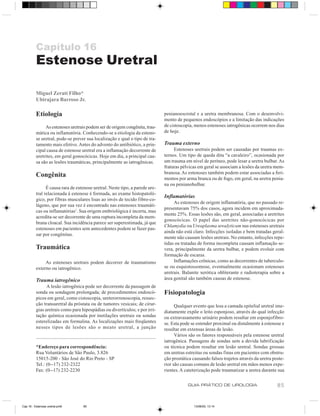 Capítulo 16
          Estenose Uretral

          Miguel Zerati Filho*
          Ubirajara Barroso Jr.

          Etiologia                                                           penianoescrotal e a uretra membranosa. Com o desenvolvi-
                                                                              mento de pequenos endoscópios e a limitação das indicações
               As estenoses uretrais podem ser de origem congênita, trau-     de cistoscopia, menos estenoses iatrogênicas ocorrem nos dias
          mática ou inflamatória. Conhecendo-se a etiologia da esteno-        de hoje.
          se uretral, pode-se prever sua localização e qual o tipo de tra-
          tamento mais efetivo. Antes do advento do antibiótico, a prin-      Trauma externo
          cipal causa de estenose uretral era a inflamação decorrente de           Estenoses uretrais podem ser causadas por traumas ex-
          uretrites, em geral gonocócicas. Hoje em dia, a principal cau-      ternos. Um tipo de queda dita “a cavaleiro”, ocasionada por
          sa são as lesões traumáticas, principalmente as iatrogênicas.       um trauma em nível de períneo, pode lesar a uretra bulbar. As
                                                                              fraturas pélvicas em geral se associam a lesões da uretra mem-
                                                                              branosa. As estenoses também podem estar associadas a feri-
          Congênita                                                           mentos por arma branca ou de fogo, em geral, na uretra penia-
                                                                              na ou penianobulbar.
                É causa rara de estenose uretral. Neste tipo, a parede ure-
          tral relacionada à estenose é formada, ao exame histopatoló-
                                                                              Inflamatórias
          gico, por fibras musculares lisas ao invés de tecido fibro-co-
                                                                                   As estenoses de origem inflamatória, que no passado re-
          lágeno, que por sua vez é encontrado nas estenoses traumáti-
                                                                              presentavam 75% dos casos, agora incidem em aproximada-
          cas ou inflamatórias1. Sua origem embriológica é incerta, mas
                                                                              mente 25%. Essas lesões são, em geral, associadas a uretrites
          acredita-se ser decorrente de uma ruptura incompleta da mem-
                                                                              gonocócicas. O papel das uretrites não-gonocócicas por
          brana cloacal. Sua incidência parece ser superestimada, já que
                                                                              Chlamydia ou Ureaplasma urealyticum nas estenoses uretrais
          estenoses em pacientes sem antecedentes podem se fazer pas-
                                                                              ainda não está claro. Infecções isoladas e bem tratadas geral-
          sar por congênitas.
                                                                              mente não causam lesões uretrais. No entanto, infecções repe-
                                                                              tidas ou tratadas de forma incompleta causam inflamação se-
          Traumática                                                          vera, principalmente da uretra bulbar, e podem evoluir com
                                                                              formação de escaras.
               As estenoses uretrais podem decorrer de traumatismo                 Inflamações crônicas, como as decorrentes de tuberculo-
          externo ou iatrogênico.                                             se ou esquistossomose, eventualmente ocasionam estenoses
                                                                              uretrais. Balanite xerótica obliterante e radioterapia sobre a
          Trauma iatrogênico                                                  área genital são também causas de estenose.
                A lesão iatrogênica pode ser decorrente da passagem de
          sonda ou sondagem prolongada; de procedimentos endoscó-             Fisiopatologia
          picos em geral, como cistoscopia, ureterorrenoscopia, ressec-
          ção transuretral da próstata ou de tumores vesicais; de cirur-            Qualquer evento que lesa a camada epitelial uretral ime-
          gias uretrais como para hipospádias ou divertículos; e por irri-    diatamente expõe o leito esponjoso, através do qual infecção
          tação química ocasionada por instilações uretrais ou sondas         ou extravasamento urinário podem resultar em esponjofibro-
          esterelizadas em formalina. As localizações mais freqüentes         se. Esta pode se estender proximal ou distalmente à estenose e
          nesses tipos de lesões são o meato uretral, a junção                resultar em extensas áreas de lesão.
                                                                                    Vários são os fatores responsáveis pela estenose uretral
                                                                              iatrogênica. Passagens de sondas sem a devida lubrificação
          *Endereço para correspondência:                                     ou técnica podem resultar em lesão uretral. Sondas grossas
          Rua Voluntários de São Paulo, 3.826                                 em uretras estreitas ou sondas finas em pacientes com obstru-
          15015-200 - São José do Rio Preto - SP                              ção prostática causando falsos trajetos através da uretra poste-
          Tel.: (0--17) 232-2322                                              rior são causas comuns de lesão uretral em mãos menos expe-
          Fax: (0--17) 232-2230                                               rientes. A cateterização pode traumatizar a uretra durante sua


                                                                                          GUIA PRÁTICO DE UROLOGIA                        85


Cap 16 - Estenose uretral.pm6      85                                                        13/06/00, 13:14
 