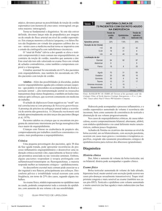 atípico, devemos pensar na possibilidade de torção de cordão
          espermático (em menores de cinco anos: extravaginal; em ga-
                                                                             Tabela    1           HISTÓRIA CLÍNICA DE
                                                                                            75 PACIENTES COM ESCROTO AGUDO
          rotos maiores: intravaginal).                                                              NA EMERGÊNCIA
               Torna-se fundamental o diagnóstico. Se este não estiver                                     Torção de                     Torção de
          definido, devemos lançar mão de propedêutica por imagem                                           cordão     Epididimites      apêndice
          ou do estudo do fluxo arterial em nível do cordão espermáti-                                        (50)         (13)        testicular (12)
          co. Em crianças menores a eficácia é pequena, e os falsos flu-
                                                                             Episódios prévios                   22%      7,6%              25%
          xos são freqüentes em virtude dos pequenos calibres dos va-
                                                                             Duração da dor (horas)
          sos – nestes casos a medicina nuclear torna-se imperativa com
                                                                                               <12               38        23                42
          o estudo da cintilografia com radiofármaco (tecnécio).
                                                                                               12-24             18        31                8
               O “sinal de Prehn” (alivia a dor quando se eleva o testí-
                                                                                                 >24             44        46                50
          culo comprometido) é mais comum nas orquiepididimites, ao
                                                                             Localização da dor
          contrário da torção de cordão, manobra que aumenta a dor.
                                                                                            Escrotal             64        92                67
          Este sinal não tem sido valorizado no exame físico em virtude
                                                                                           Abdominal              8         -                8
          de achados contraditórios, como também a temperatura cor-
          poral e o leucograma.                                                               Flanco             18         8                25
               Urinálise anormal foi encontrada em 61% dos pacientes         Início
          com orquiepididimite, mas também foi encontrada em 10%                              Agudo              70        31                83
          dos pacientes com torção de cordão.                                              Gradativo             30        69                16
                                                                                          Dormindo               30        8                 16
                Adultos - Além das possibilidades já discutidas, podem                       Trauma              10        31                17
          ocorrer orquiepididimites agudas pós-contatos sexuais suspei-          Sintomas miccionais             8         15                 -
          tos – que podem vir precedidos ou acompanhados de disúria e                 Náusea/vômitos             18        15                 -
          secreção uretral –, pós-instrumentação uretral ou ressecções                                                                (Srougi, 1995)
          transuretrais (hoje menos freqüentes), e também em lesões trau-   Fonte: RANSLER WC III, TERRY AD. Torsion of the spermatic cord: the
          máticas após esforços, que ocorrem comumente em medicina          Urologic Clinic of North America Urologic Emergencies. v. 9, n. 2, jun.
                                                                            1982. Guest editor Paul P. Peters WB Saunders Company.
          do trabalho.
                O achado de diplococos Gram-negativos no “swab” ure-
          tral correlaciona-se com presença de Neisseria gonorrhoeae.             Hidrocele pode acompanhar o processo inflamatório, e o
          A presença de piócitos no esfregaço uretral indica a ocorrên-     cordão espermático aumentado de volume é ocorrência não
          cia de uretrite não-gonocócica. A Chlamydia trachomatis será      incomum, bem como aumento de consistência do testículo e
          isolada aproximadamente em dois terços dos pacientes (Berger      diminuição de seu volume progressivamente.
          et al, 1979).                                                           Nos casos de orquiepididimites crônicas, de causa tuber-
                Pacientes adultos ou crianças que se encontram em pro-      culosa, ocorre comprometimento bilateral, alternante, afebril,
          grama de cateterismo intermitente por bexiga neurogênica têm      com nódulos epididimário e no canal deferente muito caracte-
          risco maior de orquiepididimite.                                  rísticos, embora pouco freqüentes.
                Crianças com fimose ou exuberância de prepúcio são,               Achados de fístulas ou cicatrizes das mesmas ao nível da
          comprovadamente por trabalhos científicos consistentes e re-      bolsa escrotal, uni ou bilateralmente, com secreção purulenta,
          centes, mais predispostas a orquiepididimites.                    ocorrem em casos mais graves e resistentes à terapêutica es-
                                                                            pecífica, exigindo não raramente procedimento cirúrgico de
          Crônica                                                           epididimectomia para exérese dos abscessos (granulomas).
               Uma pequena porcentagem dos pacientes, após 30 dias
          da fase aguda tratada, pode apresentar recorrências do pro-
          cesso inflamatório orquiepididimário e desenvolver uma in-        Diagnóstico
          duração crônica escrotal e dor, especialmente se houver infec-
          ção prostática associada ou nas vesículas seminais. Embora,       História clínica
          alguns pacientes respondam à terapia prolongada com                    Dor, febre e aumento de volume da bolsa testicular, uni
          sulfametoxasol-trimetropim ou fluoroquinolonas, a maioria         ou bilateral; disúria pode acompanhar o quadro clínico.
          responde melhor ao tratamento cirúrgico – epididimectomia.
               Ao desconforto escrotal mais comum pode associar-se a        Exame físico
          dor inguinal e nos flancos, principalmente aos esforços. Des-          Bolsa testicular aumentada de volume do lado afetado,
          conforto pélvico e irritabilidade vesical ocorrem com certa       hiperemia local, meato uretral com secreção (pode ocorrer nos
          freqüência, em torno de 25% dos casos, segundo alguns tra-        casos pós-doenças sexualmente transmissíveis). Toque retal:
          balhos.                                                           próstata congesta e mais sensível ao exame (também nos ca-
               Ao exame físico, nódulo/espessamento no epidídimo mais       sos pós-DST). Testículo e epidídimo com volume aumentado
          na cauda, podendo comprometer toda a extensão do epidídi-         e muito sensíveis (na fase aguda) e mais endurecidos (na fase
          mo, com aumento de seu volume e de sua sensibilidade.             crônica).

          142                   GUIA PRÁTICO DE UROLOGIA



Cap 26- Orquiepididimites.pm6         142                                                      13/06/00, 15:11
 