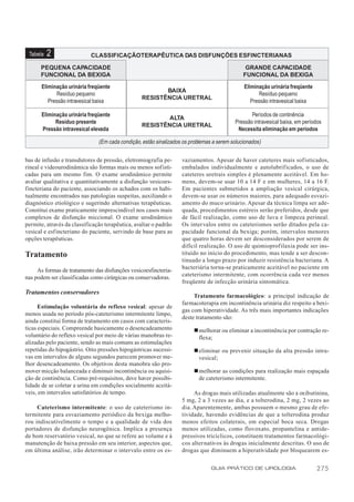 Tabela   2                 CLASSIFICAÇÃOTERAPÊUTICA DAS DISFUNÇÕES ESFINCTERIANAS

      PEQUENA CAPACIDADE                                                                       GRANDE CAPACIDADE
      FUNCIONAL DA BEXIGA                                                                     FUNCIONAL DA BEXIGA

       Eliminação urinária freqüente                                                          Eliminação urinária freqüente
                                                        BAIXA
              Resíduo pequeno                                                                        Resíduo pequeno
                                                 RESISTÊNCIA URETRAL
          Pressão intravesical baixa                                                             Pressão intravesical baixa

       Eliminação urinária freqüente                                                             Períodos de continência
                                                         ALTA
             Resíduo presente                                                             Pressão intravesical baixa, em períodos
                                                 RESISTÊNCIA URETRAL
       Pressão intravesical elevada                                                        Necessita eliminação em períodos

                               (Em cada condição, estão sinalizados os problemas a serem solucionados)


bas de infusão e transdutores de pressão, eletromiografia pe-      vaziamentos. Apesar de haver cateteres mais sofisticados,
rineal e videourodinâmica são formas mais ou menos sofisti-        embalados individualmente e autolubrificados, o uso de
cadas para um mesmo fim. O exame urodinâmico permite               cateteres uretrais simples é plenamente aceitável. Em ho-
avaliar qualitativa e quantitativamente a disfunção vesicoes-      mens, devem-se usar 10 a 14 F e em mulheres, 14 a 16 F.
fincteriana do paciente, associando os achados com os habi-        Em pacientes submetidos a ampliação vesical cirúrgica,
tualmente encontrados nas patologias suspeitas, auxiliando o       devem-se usar os números maiores, para adequado esvazi-
diagnóstico etiológico e sugerindo alternativas terapêuticas.      amento do muco urinário. Apesar da técnica limpa ser ade-
Constitui exame praticamente imprescindível nos casos mais         quada, procedimentos estéreis serão preferidos, desde que
complexos de disfunção miccional. O exame urodinâmico              de fácil realização, como uso de luva e limpeza perineal.
permite, através da classificação terapêutica, avaliar o padrão    Os intervalos entre os cateterismos serão ditados pela ca-
vesical e esfincteriano do paciente, servindo de base para as      pacidade funcional da bexiga; porém, intervalos menores
opções terapêuticas.                                               que quatro horas devem ser desconsiderados por serem de
                                                                   difícil realização. O uso de quimioprofilaxia pode ser ins-
Tratamento                                                         tituído no início do procedimento, mas tende a ser descon-
                                                                   tinuado a longo prazo por induzir resistência bacteriana. A
                                                                   bacteriúria torna-se praticamente aceitável no paciente em
     As formas de tratamento das disfunções vesicoesfincteria-
                                                                   cateterismo intermitente, com ocorrência cada vez menos
nas podem ser classificadas como cirúrgicas ou conservadoras.
                                                                   freqüente de infecção urinária sintomática.
Tratamentos conservadores
                                                                        Tratamento farmacológico: a principal indicação de
                                                                   farmacoterapia em incontinência urinária diz respeito a bexi-
      Estimulação voluntária do reflexo vesical: apesar de
                                                                   gas com hiperatividade. As três mais importantes indicações
menos usada no período pós-cateterismo intermitente limpo,
                                                                   deste tratamento são:
ainda constitui forma de tratamento em casos com caracterís-
ticas especiais. Compreende basicamente o desencadeamento               n melhorar ou eliminar a incontinência por contração re-
voluntário do reflexo vesical por meio de várias manobras re-             flexa;
alizadas pelo paciente, sendo as mais comuns as estimulações
repetidas do hipogástrio. Oito pressões hipogástricas sucessi-          n eliminar ou prevenir situação da alta pressão intra-
vas em intervalos de alguns segundos parecem promover me-                 vesical;
lhor desencadeamento. Os objetivos desta manobra são pro-
mover micção balanceada e diminuir incontinência ou aquisi-             n melhorar as condições para realização mais espaçada
ção de continência. Como pré-requisitos, deve haver possibi-              de cateterismo intermitente.
lidade de se coletar a urina em condições socialmente aceitá-
veis, em intervalos satisfatórios de tempo.                             As drogas mais utilizadas atualmente são a oxibutinina,
                                                                   5 mg, 2 a 3 vezes ao dia, e a tolterodina, 2 mg, 2 vezes ao
     Cateterismo intermitente: o uso de cateterismo in-            dia. Aparentemente, ambas possuem o mesmo grau de efe-
termitente para esvaziamento periódico da bexiga melho-            tividade, havendo evidências de que a tolterodina produz
rou indiscutivelmente o tempo e a qualidade de vida dos            menos efeitos colaterais, em especial boca seca. Drogas
portadores de disfunção neurogênica. Implica a presença            menos utilizadas, como flovoxato, propantelina e antide-
de bom reservatório vesical, no que se refere ao volume e à        pressivos tricíclicos, constituem tratamentos farmacológi-
manutenção de baixa pressão em seu interior, aspectos que,         cos alternativos às drogas inicialmente descritas. O uso de
em última análise, irão determinar o intervalo entre os es-        drogas que diminuem a hiperatividade por bloquearem es-

                                                                                GUIA PRÁTICO DE UROLOGIA                      275
 