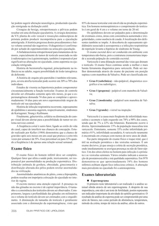lar podem sugerir alteração neurológica, produzindo ejacula-        85% da massa testicular está envolvida na produção espermá-
ção retrógrada ou disfunção erétil.                                 tica. Em homens normospérmicos o comprimento do testícu-
      Cirurgias de bexiga, retroperitoneais e pélvicas podem        lo é em geral de 4 cm e o volume em torno de 20 ml.
resultar em uma disfunção ejaculatória. A cirurgia denomina-              Os epidídimos devem ser palpados para a determinação
da Y-V, plastia do colo vesical e ressecções endoscópicas de        de eventuais cistos, áreas com consistência aumentada e irre-
próstata podem produzir incompetência para a ejaculação             gularidades, como ausência de cauda. A localização dos defe-
anterógrada. A história pregressa destes procedimentos e bai-       rentes também se impõe. A descoberta de espessamento epi-
xo volume seminal são sugestivos. O diagnóstico é confirma-         didimário associado à azoospermia e a infecções respiratórias
do por achado de espermatozóides na urina pós-ejaculação.           de repetição levanta a hipótese de síndrome de Young.
      A linfadenectomia retroperitoneal para tratamentos de tu-           O exame escrotal deve ser conduzido em ambiente com
mores, especialmente do tumor de testículo associada ou não         temperatura não-baixa, pois a contratura cremasteriana impe-
à radioterapia e/ou à quimioterapia, também é responsável por       de a acurada palpação do conteúdo escrotal.
significativas alterações no ejaculado, como aspermia ou eja-             Varicocele é uma dilatação anormal das veias que drenam
culação retrógrada.                                                 o testículo. O exame físico continua sendo a melhor e mais
      História de herniorrafia inguinal, principalmente na in-      barata ferramenta diagnóstica para varicocele. Pode ser me-
fância ou no adulto, sugere possibilidade de lesão iatrogênica      lhor demonstrada através do exame do paciente em posição
de deferente.                                                       supina e com manobras de Valsalva. Pode ser classificada em:
      A história de orquite pós-parotidite é também relevante,
pois, severa atrofia testicular pode ocorrer em 30% a 70% dos            • Grau 0 (subclínica) - não-palpável, diagnóstico eco-
indivíduos.                                                                gráfico e/ou radiológico;
      Estados de viremia ou hipertermia podem comprometer
circunstancialmente a função testicular. Exames de controle              • Grau 1 (pequena) - palpável com manobra de Valsal-
deverão ser efetuados somente após três meses, já que a es-                va;
permatogênese demanda 74 dias para se completar e aproxi-
madamente 14 dias para um novo espermatozóide migrar do                  • Grau 2 (moderada) - palpável sem manobra de Val-
testículo até sua ejaculação.                                              salva;
      História de infecção respiratória recorrente, espessamento
de epidídimo e anosmia sugerem, respectivamente, síndromes               • Grau 3 (grande) - visível na inspeção.
de Kartagener, Young e Kallmann.
      Finalmente, galactorréia, cefaléia ou diminuição do cam-            Varicocele é a causa mais freqüente de infertilidade mas-
po visual devem alertar para a possibilidade de tumor no sis-       culina e acomete o lado esquerdo em 78% a 90% dos casos,
tema nervoso central.                                               sendo que de 7% a 22% são bilaterais. Raramente ocorre à
      A freqüência coital é outro fator, ligado ao estilo de vida   direita. Aproximadamente 15% da população masculina tem
do casal, capaz de interferir nas chances de concepção. Estu-       varicocele. Entretanto, somente 35% exibe infertilidade pri-
do realizado por Keller (1984) demonstrou que a chance de           mária e 81%, infertilidade secundária. A varicocele raramente
gravidez após seis meses em um casal que pratica o coito três       é encontrada em crianças com menos de nove anos de idade.
vezes por semana é de 5l%. Esse percentual cai para 32% quan-             Faz parte integrante do exame físico o toque retal, que é
do a freqüência é de apenas uma relação sexual semanal.             útil na avaliação prostática e das vesículas seminais. É um
                                                                    exame decisivo, já que enseja a coleta de secreção prostática,
Exame físico                                                        onde imediatamente se averigua presença ou não de fator sép-
                                                                    tico. Um dos sítios eleitos no homem para infecção é a prósta-
      O exame físico do homem infértil deve ser completo.           ta e as vesículas seminais. Vários estudos indicam a associa-
Qualquer fator que afeta a saúde pode, teoricamente, ser res-       ção de prostatovesiculite e má qualidade espermática. Em l978
ponsável por anormalidades na produção espermática. Dis-            demonstrou-se que aproximadamente 54% dos homens
tribuição anômala de gordura, obesidade, ginecomastia e             inférteis exibiam algum foco infeccioso crônico. A alteração
distribuição alterada dos pêlos podem revelar anormalida-           mais prevalente no ejaculado foi a astenospermia.
des na virilização.
      Anormalidades anatômicas do pênis, como a hipospádia,         Exames laboratoriais
podem resultar em imprópria colocação do ejaculado no inte-
rior da vagina.                                                          n Espermograma
      O escroto merece uma atenção especial. A presença ou               O primeiro teste laboratorial a ser realizado é a análise se-
não das gônadas no escroto é de capital importância. O tama-        minal obtida através de um espermograma. A despeito de sua
nho e a consistência dos testículos devem ser observados. Com-      importância, este não é um teste de fertilidade, porém representa
primento, largura e profundidade das gônadas em milímetros          um indicador importante da atividade do epitélio germinativo. O
ou o volume do testículo devem ser estimados com o orquidô-         resultado da análise do esperma pode ser comprometido por uma
metro. A diminuição do tamanho do testículo é geralmente            série de fatores, tais como período de abstinência, temperatura,
associada com a diminuição da espermatogênese, visto que            método da coleta, tempo de início da análise, além de outros.

306           GUIA PRÁTICO DE UROLOGIA
 