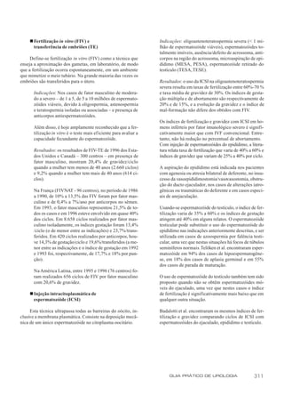 n Fertilização in vitro (FIV) e                                Indicações: oligoastenoteratospermia severa (< 1 mi-
       transferência de embriões (TE)                               lhão de espermatozóide viáveis), espermatozóides to-
                                                                    talmente imóveis, ausência/defeito de acrossoma, anti-
     Define-se fertilização in vitro (FIV) como a técnica que       corpos na região do acrossoma, microaspiração de epi-
enseja a aproximação dos gametas, em laboratório, de modo           dídimo (MESA, PESA), espermatozóide retirado do
que a fertilização ocorra espontaneamente, em um ambiente           testículo (TESA, TESE).
que mimetize o meio tubário. Na grande maioria das vezes os
embriões são transferidos para o útero.                             Resultados: o uso da ICSI na oligoastenoteratospermia
                                                                    severa resulta em taxas de fertilização entre 60%-70 %
       Indicações: Nos casos de fator masculino de modera-          e taxa média de gravidez de 30%. Os índices de gesta-
       do a severo – de 1 a 5, de 5 a 10 milhões de espermato-      ção múltipla e de abortamento são respectivamente de
       zóides viáveis, devido à oligospermia, astenospermia         20% e de 15%, e a evolução da gravidez e o índice de
       e teratospermia isoladas ou associadas – e presença de       mal-formação não difere dos obtidos com FIV.
       anticorpos antiespermatozóides.
                                                                    Os índices de fertilização e gravidez com ICSI em ho-
       Além disso, é hoje amplamente reconhecido que a fer-         mens inférteis por fator imunológico severo é signifi-
       tilização in vitro é o teste mais eficiente para avaliar a   cativamente maior que com IVF convencional. Entre-
       capacidade fecundante do espermatozóide.                     tanto, não há redução no percentual de abortamento.
                                                                    Com injeção de espermatozóides do epidídimo, a litera-
       Resultados: os resultados de FIV-TE de 1996 dos Esta-        tura relata taxa de fertilização que varia de 40% a 60% e
       dos Unidos e Canadá – 300 centros – em presença de           índices de gravidez que variam de 25% a 40% por ciclo.
       fator masculino, mostram 20,4% de gravidez/ciclo
       quando a mulher tem menos de 40 anos (2.660 ciclos)          A aspiração do epidídimo está indicada nos pacientes
       e 9,2% quando a mulher tem mais de 40 anos (614 ci-          com agenesia ou atresia bilateral de deferente, no insu-
       clos).                                                       cesso da vasoepididimostomia/vasovasostomia, obstru-
                                                                    ção do ducto ejaculador, nos casos de alterações iatro-
       Na França (FIVNAT - 96 centros), no período de 1986          gênicas ou traumáticas do deferente e em casos especi-
       a 1990, de 10% a 13,5% das FIV foram por fator mas-          ais de anejaculação.
       culino e de 0,4% a 7%/ano por anticorpos no sêmen.
       Em 1993, o fator masculino representou 21,5% de to-          Usando-se espermatozóide do testículo, o índice de fer-
       dos os casos e em 1996 esteve envolvido em quase 40%         tilização varia de 35% a 60% e os índices de gestação
       dos ciclos. Em 8.658 ciclos realizados por fator mas-        atingem até 40% em alguns relatos. O espermatozóide
       culino isoladamente, os índices gestação foram 13,4%         testicular pode substituir o uso do espermatozóide do
       /ciclo (o de menor entre as indicações) e 23,7%/trans-       epidídimo nas indicações anteriormente descritas, e ser
       feridos. Em 420 ciclos realizados por anticorpos, hou-       utilizada em casos de azoospermia por falência testi-
       ve 14,3% de gestação/ciclo e 19,6%/transferidos (a me-       cular, uma vez que nestas situações há focos de túbulos
       nor entre as indicações e o índice de gestação em 1992       seminíferos normais. Telöken et al. encontraram esper-
       e 1993 foi, respectivamente, de 17,7% e 18% por pun-         matozóide em 94% dos casos de hipoespermatogêne-
       ção).                                                        se, em 18% dos casos de aplasia germinal e em 55%
                                                                    dos casos de parada de maturação.
       Na América Latina, entre 1995 e 1996 (76 centros) fo-
       ram realizados 656 ciclos de FIV por fator masculino         O uso de espermatozóide do testículo também tem sido
       com 20,6% de gravidez.                                       proposto quando não se obtêm espermatozóides mó-
                                                                    veis do ejaculado, uma vez que nestes casos o índice
     n Injeção intracitoplasmática de                               de fertilização é significativamente mais baixo que em
       espermatozóide (ICSI)                                        qualquer outra situação.

     Esta técnica ultrapassa todas as barreiras do oócito, in-      Badalotti et al. encontraram os mesmos índices de fer-
clusive a membrana plasmática. Consiste na deposição mecâ-          tilização e gravidez comparando ciclos de ICSI com
nica de um único espermatozóide no citoplasma oocitário.            espermatozóides do ejaculado, epidídimo e testículo.




                                                                         GUIA PRÁTICO DE UROLOGIA                      311
 