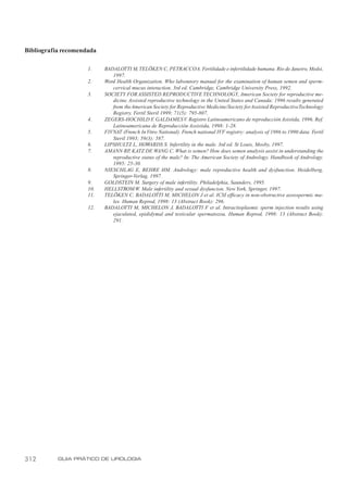 Bibliografia recomendada

                     1.    BADALOTTI M, TELÖKEN C, PETRACCO A. Fertilidade e infertilidade humana. Rio de Janeiro, Medsi,
                              1997.
                     2.    Word Health Organization. Who laboratory manual for the examination of human semen and sperm-
                              cervical mucus interaction. 3rd ed. Cambridge, Cambridge University Press, 1992.
                     3.    SOCIETY FOR ASSISTED REPRODUCTIVE TECHNOLOGY, American Society for reproductive me-
                              dicine. Assisted reproductive technology in the United States and Canada: 1996 results generated
                              from the American Society for Reproductive Medicine/Society for Assisted Reproductive Technology
                              Registry. Fertil Steril 1999; 71(5): 795-807.
                     4.    ZEGERS-HOCHILD F GALDAMES V. Registro Latinoamericano de reproducción Asistida, 1996. Ref.
                                                   ,
                              Latinoamericana de Reproducción Assistida, 1998: 1-28.
                     5.    FIVNAT (French In Vitro National). French national IVF registry: analysis of 1986 to 1990 data. Fertil
                              Steril 1993; 59(3): 587.
                     6.    LIPSHULTZ L, HOWARDS S. Infertility in the male. 3rd ed. St Louis, Mosby, 1997.
                     7.    AMANN RP KATZ DF WANG C. What is semen? How does semen analysis assist in understanding the
                                      ,          ,
                              reproductive status of the male? In: The American Society of Andrology. Handbook of Andrology.
                              1995: 25-30.
                     8.    NIESCHLAG E, BEHRE HM. Andrology: male reproductive health and dysfunction. Heidelberg,
                              Springer-Verlag, 1997.
                     9.    GOLDSTEIN M. Surgery of male infertility. Philadelphia, Saunders, 1995.
                     10.   HELLSTROM W. Male infertility and sexual dysfuncion. New York, Springer, 1997.
                     11.   TELÖKEN C, BADALOTTI M, MICHELON J et al. ICSI efficacy in non-obstructive azoospermic ma-
                              les. Human Reprod, 1998: 13 (Abstract Book): 296.
                     12.   BADALOTTI M, MICHELON J, BADALOTTI F et al. Intracitoplasmic sperm injection results using
                              ejaculated, epididymal and testicular spermatozoa. Human Reprod, 1998: 13 (Abstract Book):
                              291.




312        GUIA PRÁTICO DE UROLOGIA
 