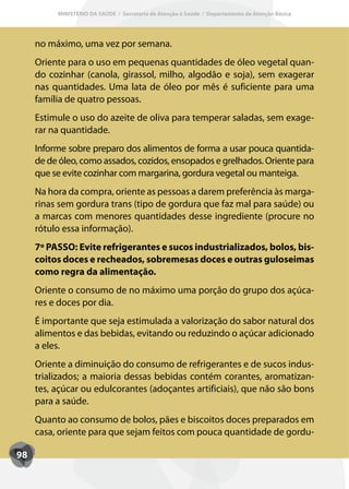 MINISTÉRIO DA SAÚDE / Secretaria de Atenção à Saúde / Departamento de Atenção Básica




     no máximo, uma vez por semana.
     Oriente para o uso em pequenas quantidades de óleo vegetal quan-
     do cozinhar (canola, girassol, milho, algodão e soja), sem exagerar
     nas quantidades. Uma lata de óleo por mês é suficiente para uma
     família de quatro pessoas.
     Estimule o uso do azeite de oliva para temperar saladas, sem exage-
     rar na quantidade.
     Informe sobre preparo dos alimentos de forma a usar pouca quantida-
     de de óleo, como assados, cozidos, ensopados e grelhados. Oriente para
     que se evite cozinhar com margarina, gordura vegetal ou manteiga.
     Na hora da compra, oriente as pessoas a darem preferência às marga-
     rinas sem gordura trans (tipo de gordura que faz mal para saúde) ou
     a marcas com menores quantidades desse ingrediente (procure no
     rótulo essa informação).
     7º PASSO: Evite refrigerantes e sucos industrializados, bolos, bis-
     coitos doces e recheados, sobremesas doces e outras guloseimas
     como regra da alimentação.
     Oriente o consumo de no máximo uma porção do grupo dos açúca-
     res e doces por dia.
     É importante que seja estimulada a valorização do sabor natural dos
     alimentos e das bebidas, evitando ou reduzindo o açúcar adicionado
     a eles.
     Oriente a diminuição do consumo de refrigerantes e de sucos indus-
     trializados; a maioria dessas bebidas contém corantes, aromatizan-
     tes, açúcar ou edulcorantes (adoçantes artificiais), que não são bons
     para a saúde.
     Quanto ao consumo de bolos, pães e biscoitos doces preparados em
     casa, oriente para que sejam feitos com pouca quantidade de gordu-

98
 