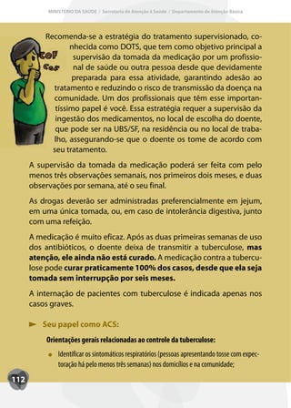 MINISTÉRIO DA SAÚDE / Secretaria de Atenção à Saúde / Departamento de Atenção Básica




          Recomenda-se a estratégia do tratamento supervisionado, co-
                  nhecida como DOTS, que tem como objetivo principal a
                   supervisão da tomada da medicação por um profissio-
                   nal de saúde ou outra pessoa desde que devidamente
                  preparada para essa atividade, garantindo adesão ao
            tratamento e reduzindo o risco de transmissão da doença na
            comunidade. Um dos profissionais que têm esse importan-
             tíssimo papel é você. Essa estratégia requer a supervisão da
             ingestão dos medicamentos, no local de escolha do doente,
             que pode ser na UBS/SF, na residência ou no local de traba-
            lho, assegurando-se que o doente os tome de acordo com
            seu tratamento.
      A supervisão da tomada da medicação poderá ser feita com pelo
      menos três observações semanais, nos primeiros dois meses, e duas
      observações por semana, até o seu final.
      As drogas deverão ser administradas preferencialmente em jejum,
      em uma única tomada, ou, em caso de intolerância digestiva, junto
      com uma refeição.
      A medicação é muito eficaz. Após as duas primeiras semanas de uso
      dos antibióticos, o doente deixa de transmitir a tuberculose, mas
      atenção, ele ainda não está curado. A medicação contra a tubercu-
      lose pode curar praticamente 100% dos casos, desde que ela seja
      tomada sem interrupção por seis meses.
      A internação de pacientes com tuberculose é indicada apenas nos
      casos graves.

         Seu papel como ACS:
          Orientações gerais relacionadas ao controle da tuberculose:
               Identificar os sintomáticos respiratórios (pessoas apresentando tosse com expec-
               toração há pelo menos três semanas) nos domicílios e na comunidade;
112
 