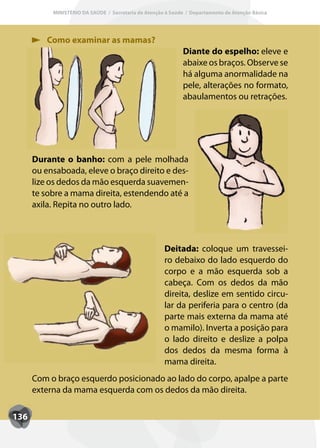 MINISTÉRIO DA SAÚDE / Secretaria de Atenção à Saúde / Departamento de Atenção Básica




          Como examinar as mamas?
                                                              Diante do espelho: eleve e
                                                              abaixe os braços. Observe se
                                                              há alguma anormalidade na
                                                              pele, alterações no formato,
                                                              abaulamentos ou retrações.




      Durante o banho: com a pele molhada
      ou ensaboada, eleve o braço direito e des-
      lize os dedos da mão esquerda suavemen-
      te sobre a mama direita, estendendo até a
      axila. Repita no outro lado.



                                                      Deitada: coloque um travessei-
                                                      ro debaixo do lado esquerdo do
                                                      corpo e a mão esquerda sob a
                                                      cabeça. Com os dedos da mão
                                                      direita, deslize em sentido circu-
                                                      lar da periferia para o centro (da
                                                      parte mais externa da mama até
                                                      o mamilo). Inverta a posição para
                                                      o lado direito e deslize a polpa
                                                      dos dedos da mesma forma à
                                                      mama direita.
      Com o braço esquerdo posicionado ao lado do corpo, apalpe a parte
      externa da mama esquerda com os dedos da mão direita.

136
 